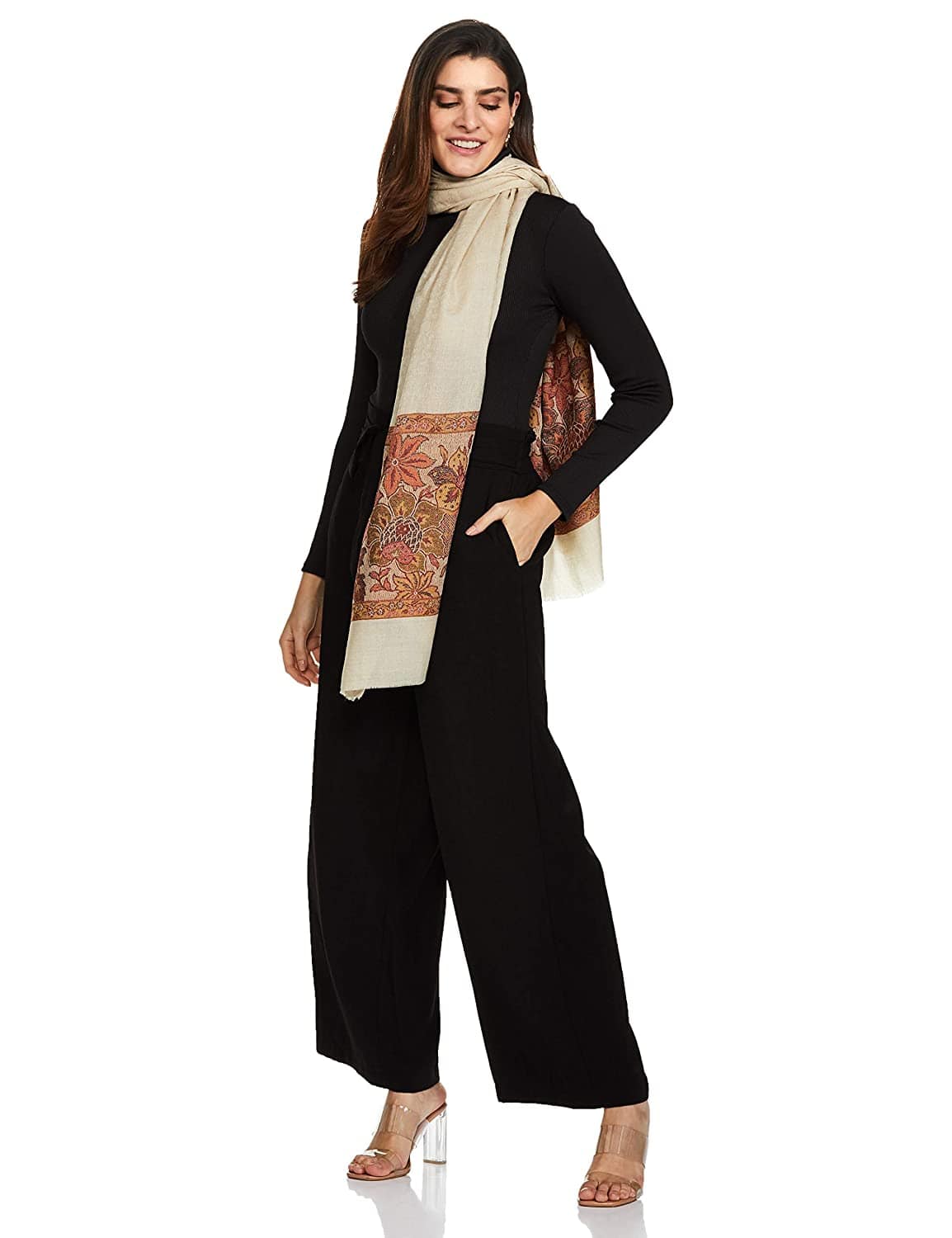 Pashtush Women'S Soft Wool Stole, Soft Wool Scarf, Floral Beige - Image 4