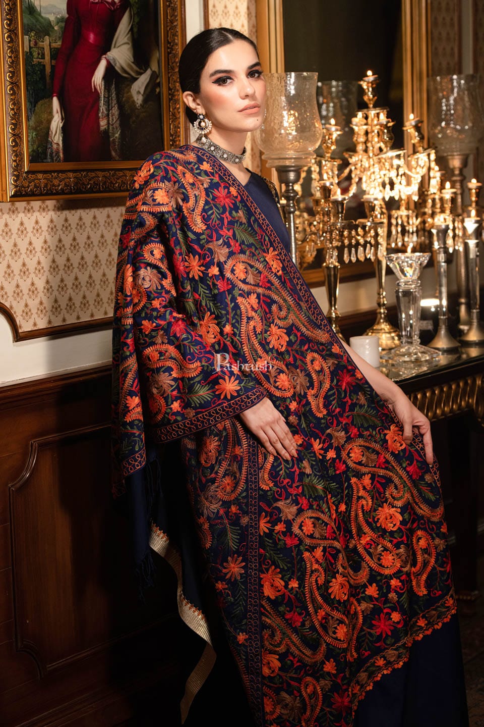 Pashtush Womens Stole, aari embroidery, Victorian Paisleys, Navy Blue - Image 5