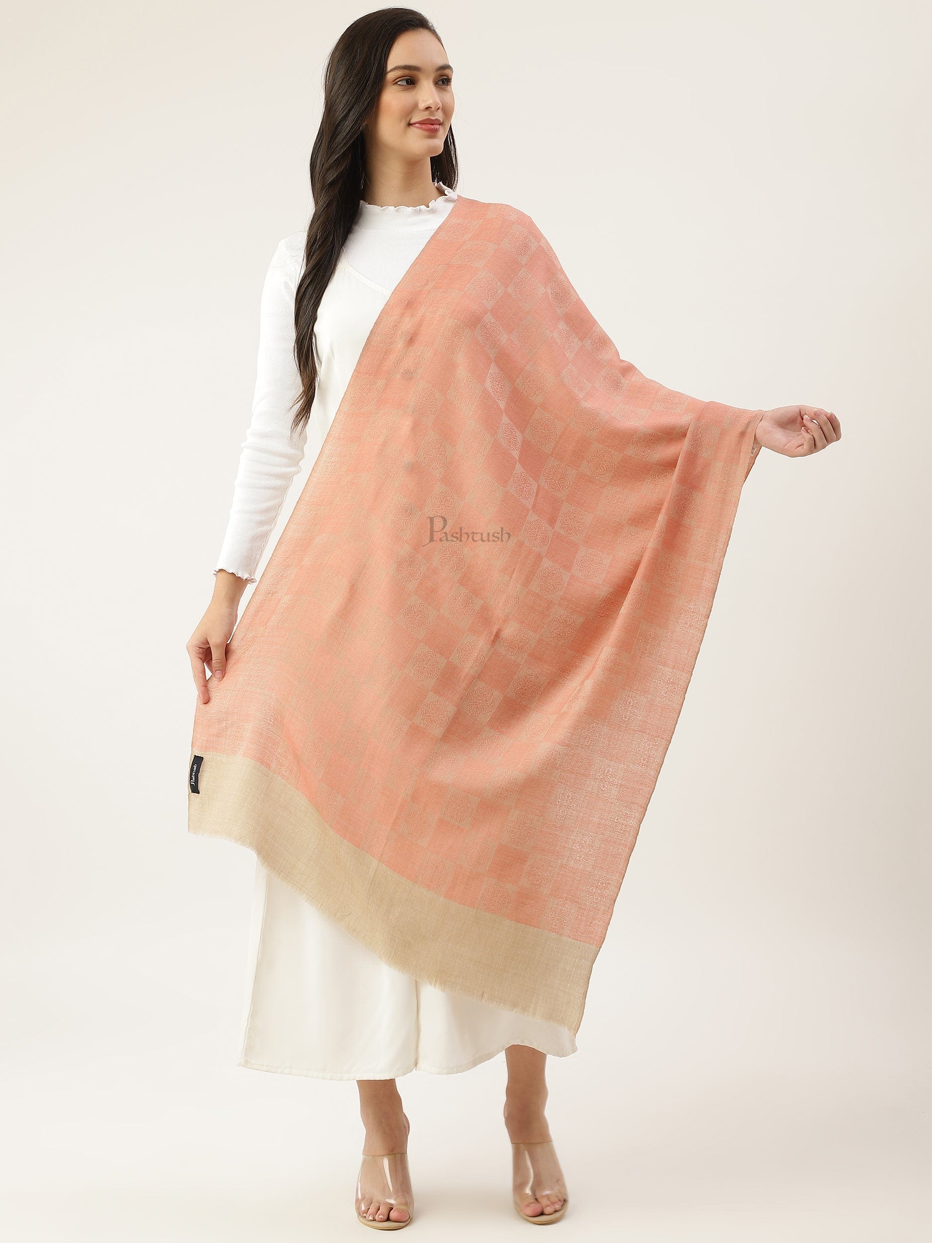 Pashtush womens Stole, Checkered design, Peach - Image 2