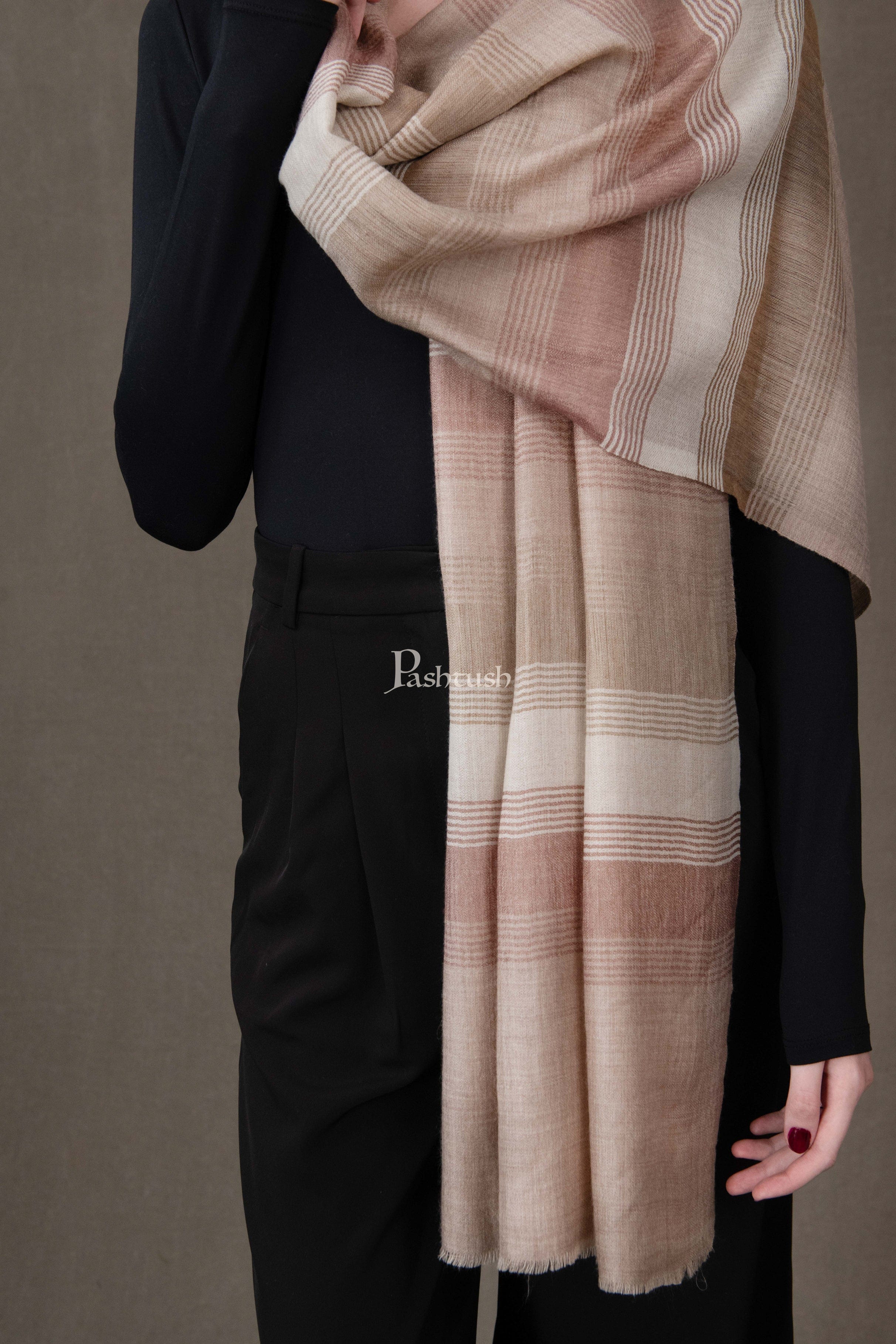 Pashtush Womens Stole, Extra Fine Wool-Silk, Twilight Collection, Beige and Ivory - Image 2