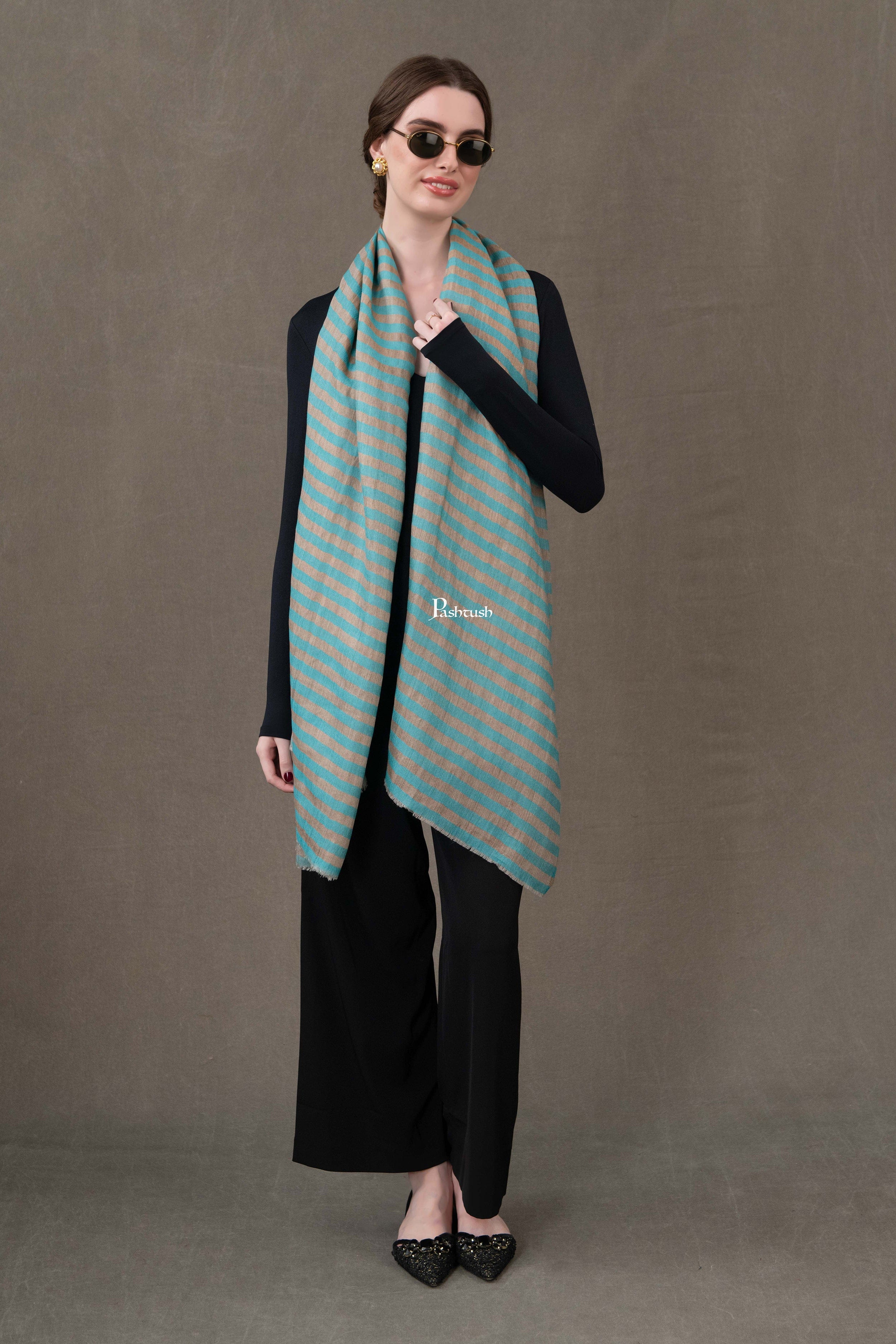 Pashtush Womens Stole, Extra Fine Wool-Silk, Twilight Collection, Gold Coast Blue - Image 3