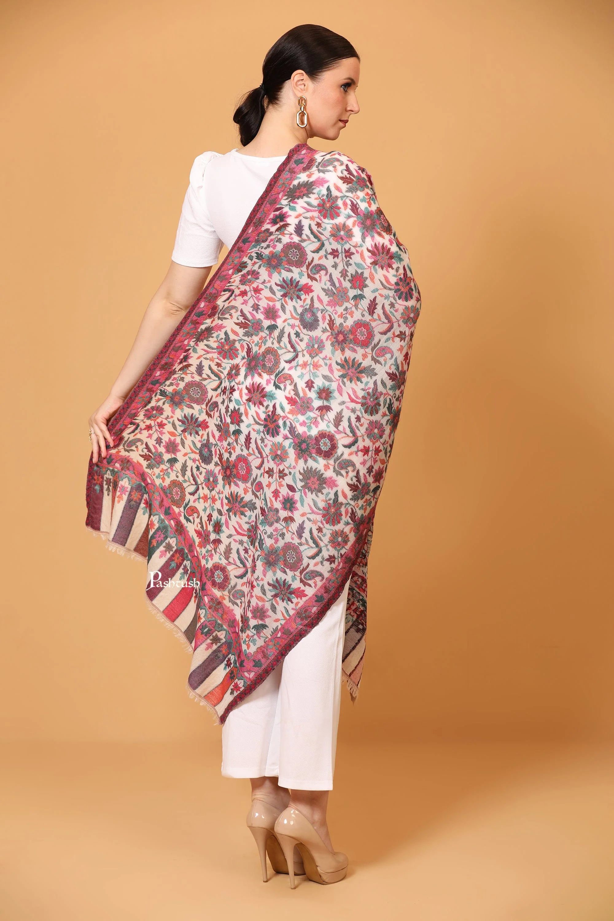 Pashtush Womens Stole, Extra Soft Fine Wool, Cashmere Wool, Ethnic Weave, Ivory - Image 4