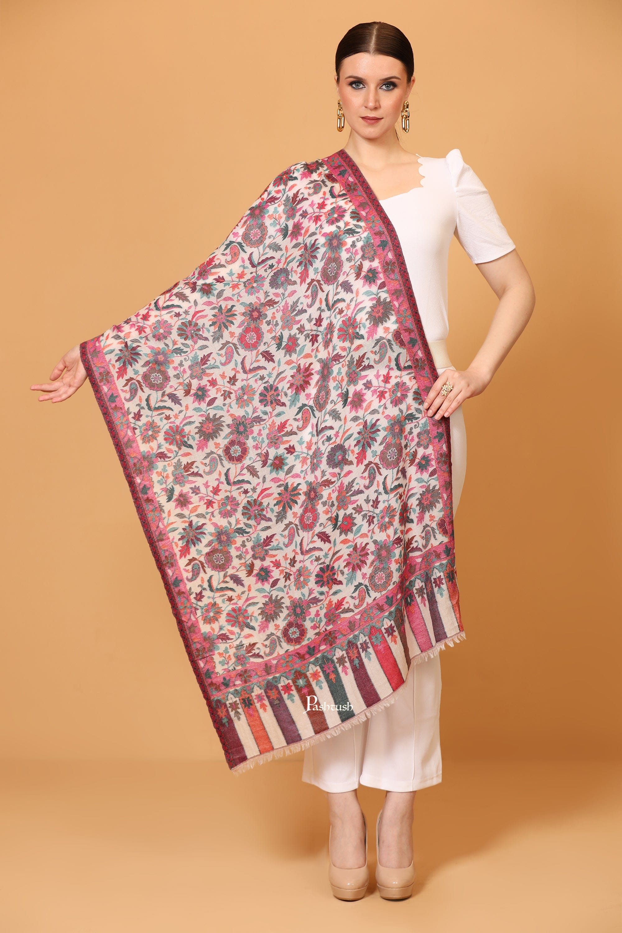 Pashtush Womens Stole, Extra Soft Fine Wool, Cashmere Wool, Ethnic Weave, Ivory - Image 5