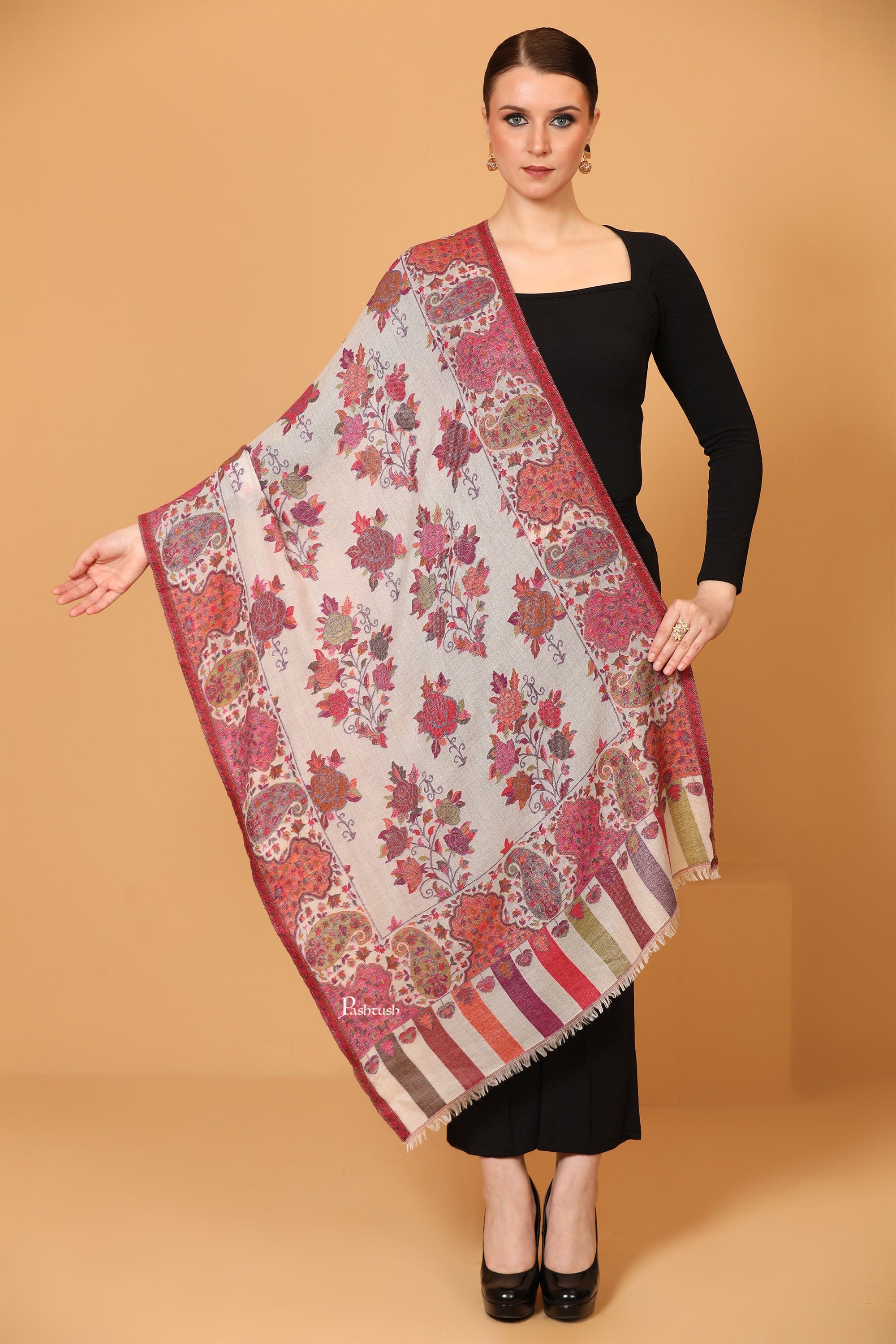 Pashtush Womens Stole, Extra Soft Fine Cashmere Wool, Woven Design, Pastels - Image 2