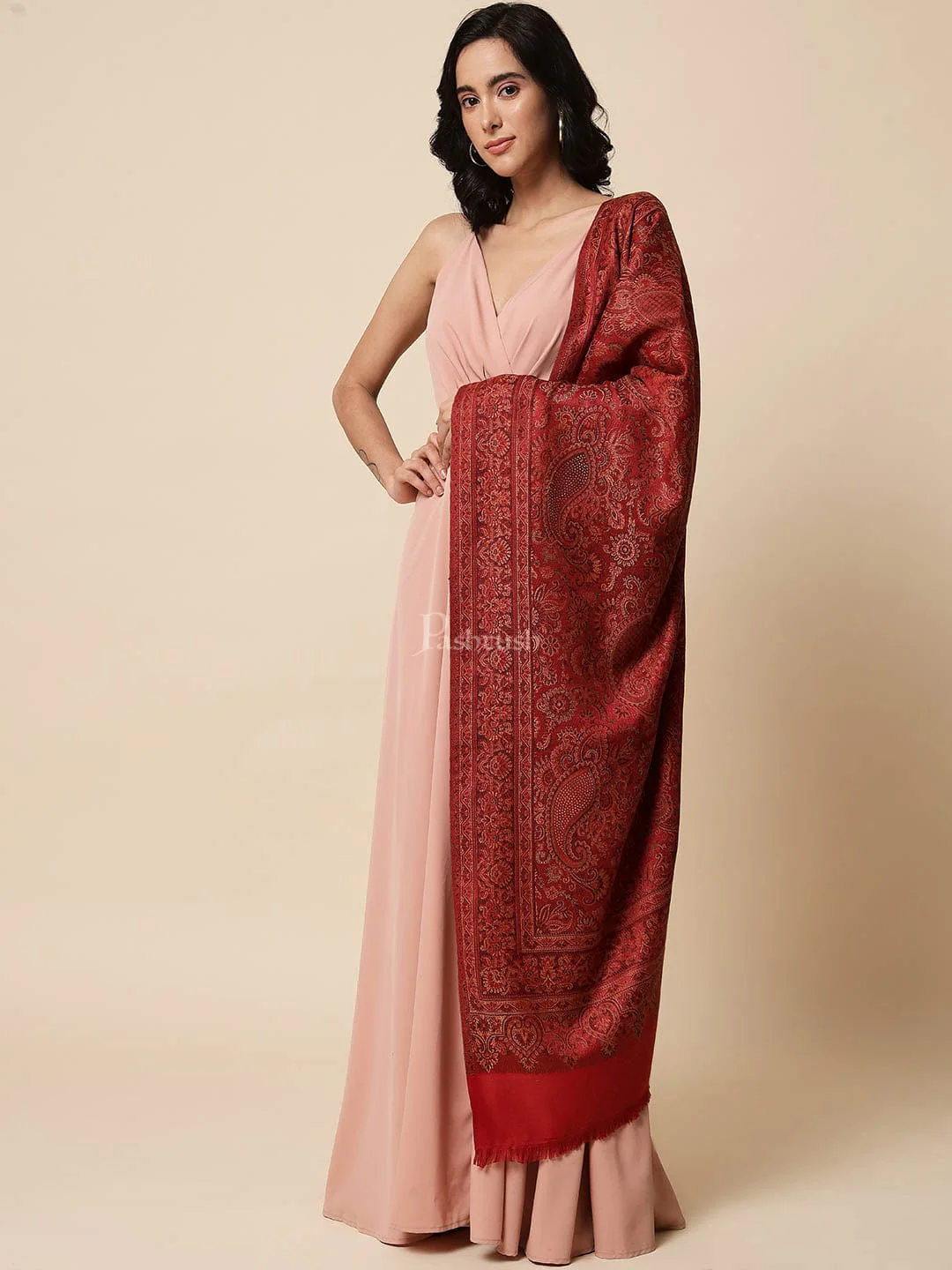 Pashtush Womens Stole, Faux Pashmina, With Embellished Crystals, Crimson - Image 4