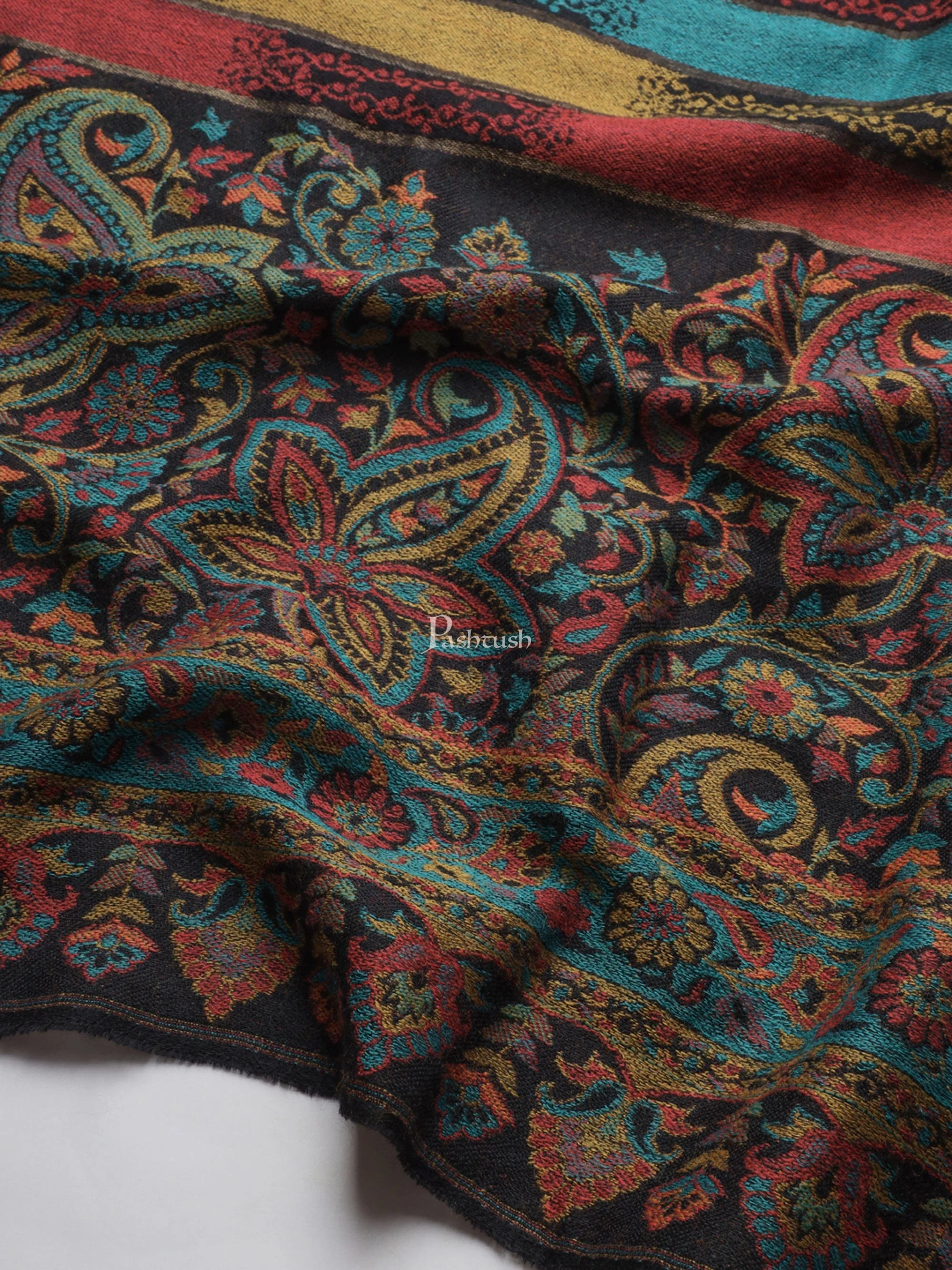 Pashtush Womens Extra Fine Wool Stole, Aztec Weave With Zari Design, Multicolour - Image 2