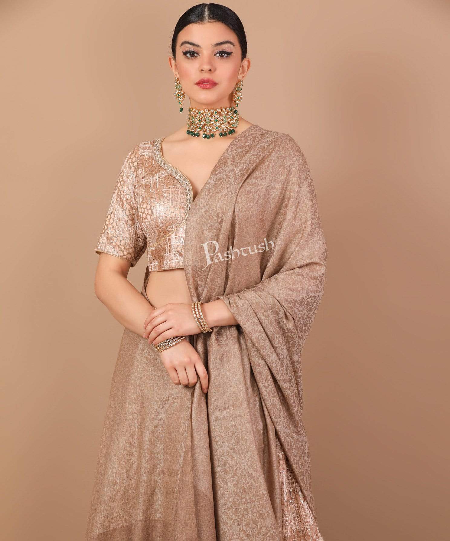 Pashtush Womens Woven Paisley, Self Shawl, In Extra Soft Fine Wool, Large Wrap Size Beige - Image 4