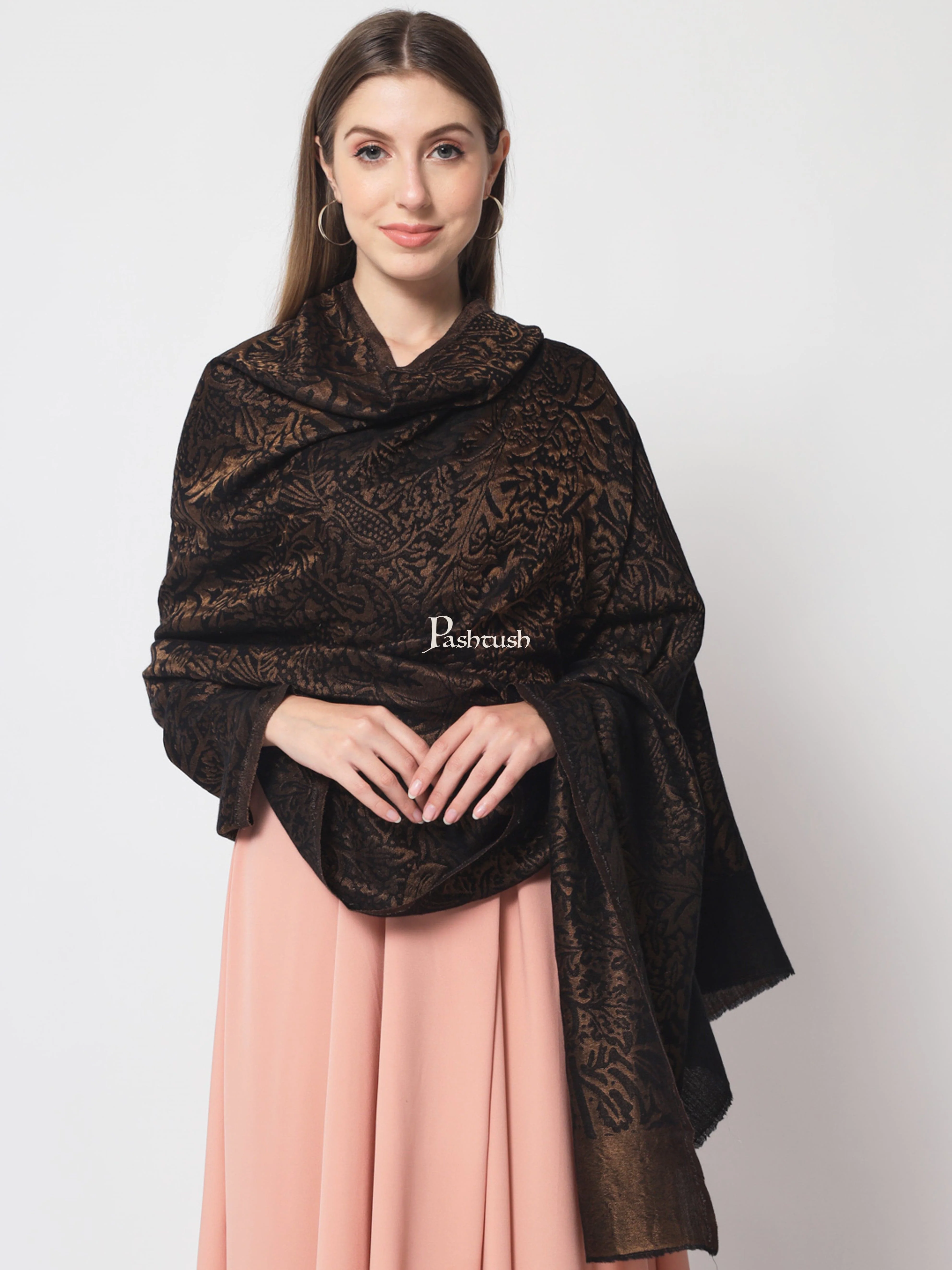 Pashtush Womens Twilight Collection, Jacquard shawl, With Metallic Thread Weave, Fine Wool, Black - Image 4