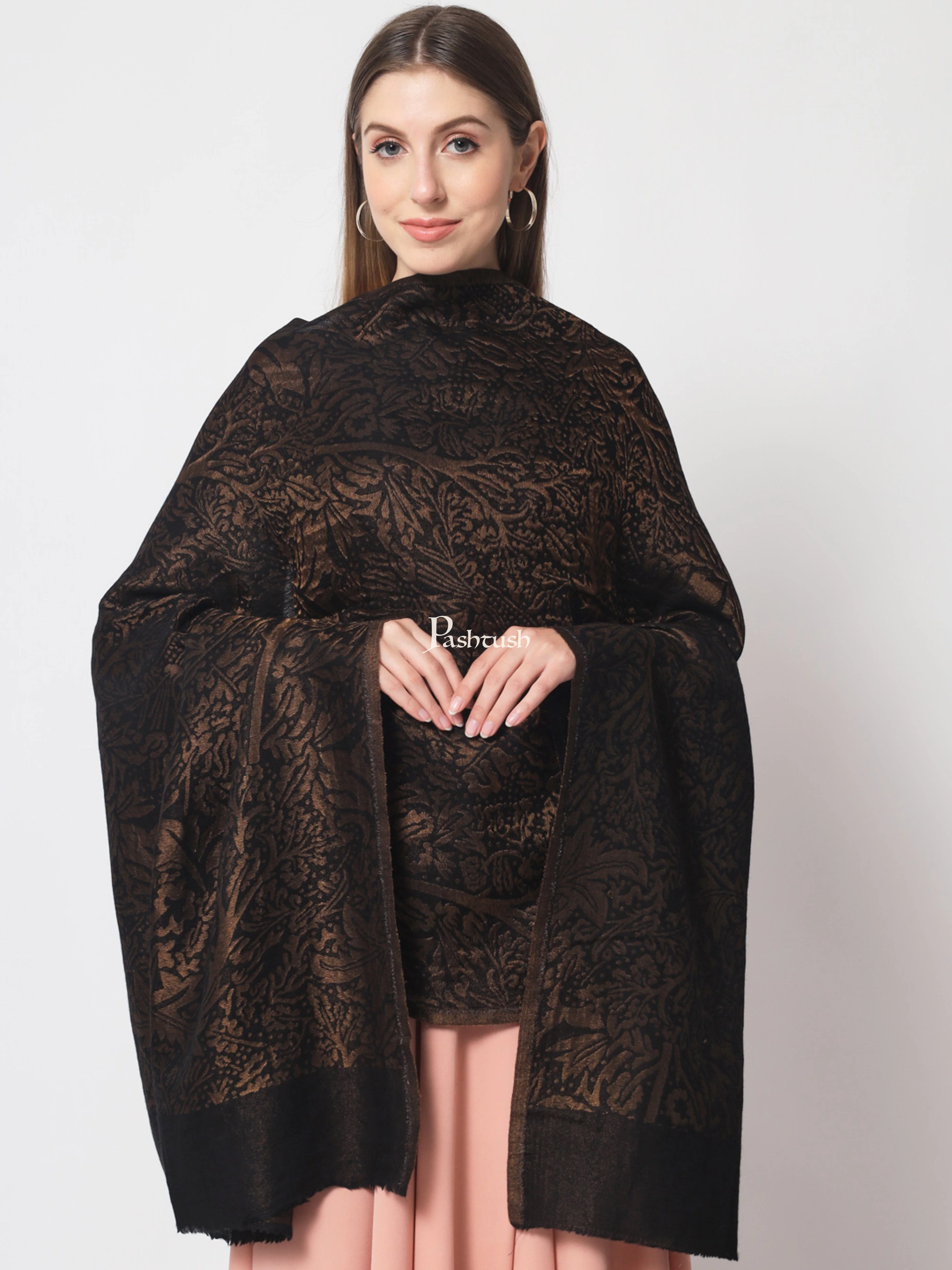 Pashtush Womens Twilight Collection, Jacquard shawl, With Metallic Thread Weave, Fine Wool, Black - Image 6