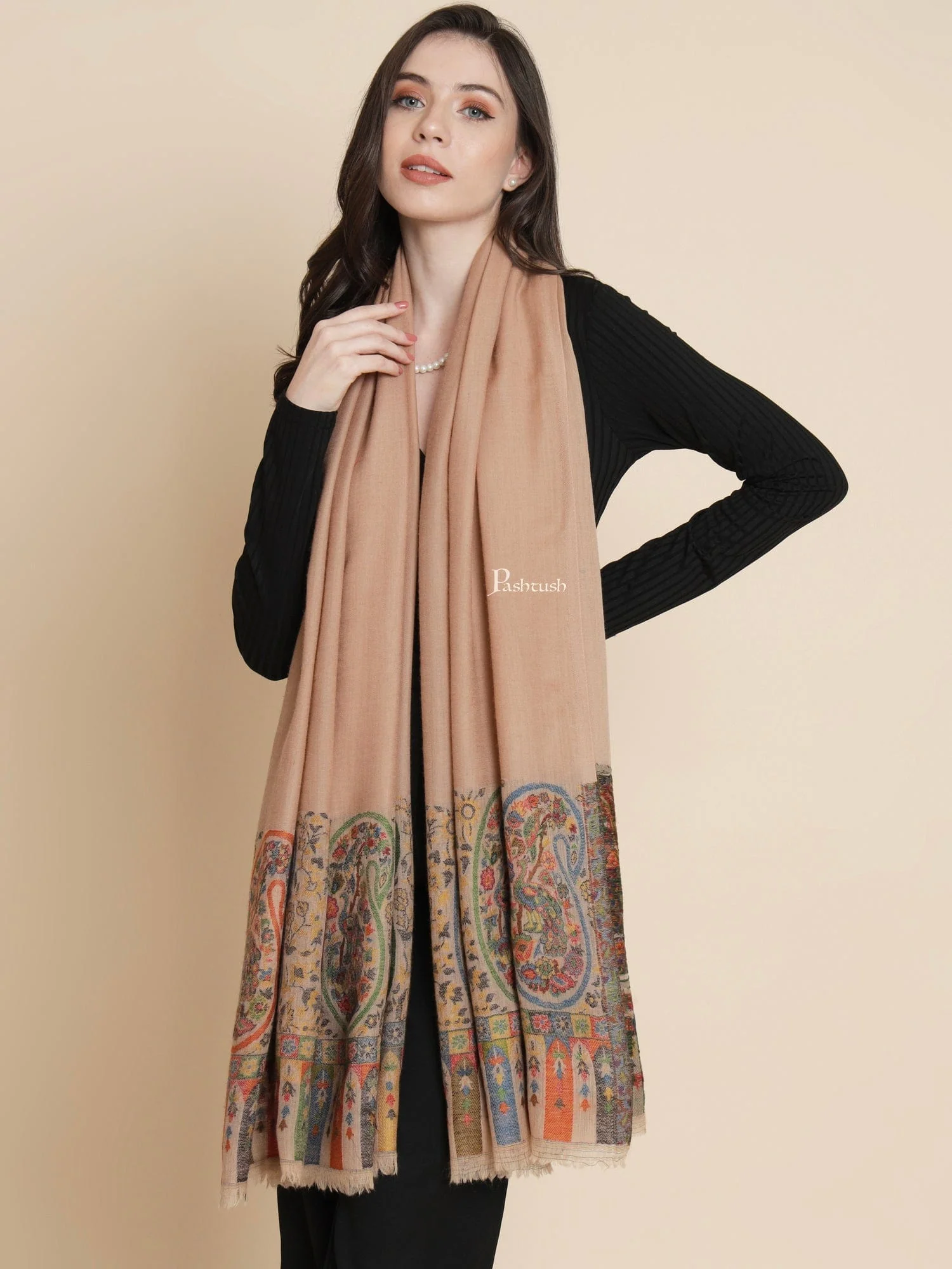 Pashtush Womens Womens, 100% Pure Wool With Woolmark Certificate, Paisley Beautilful Paisle Woven, Beige - Image 4