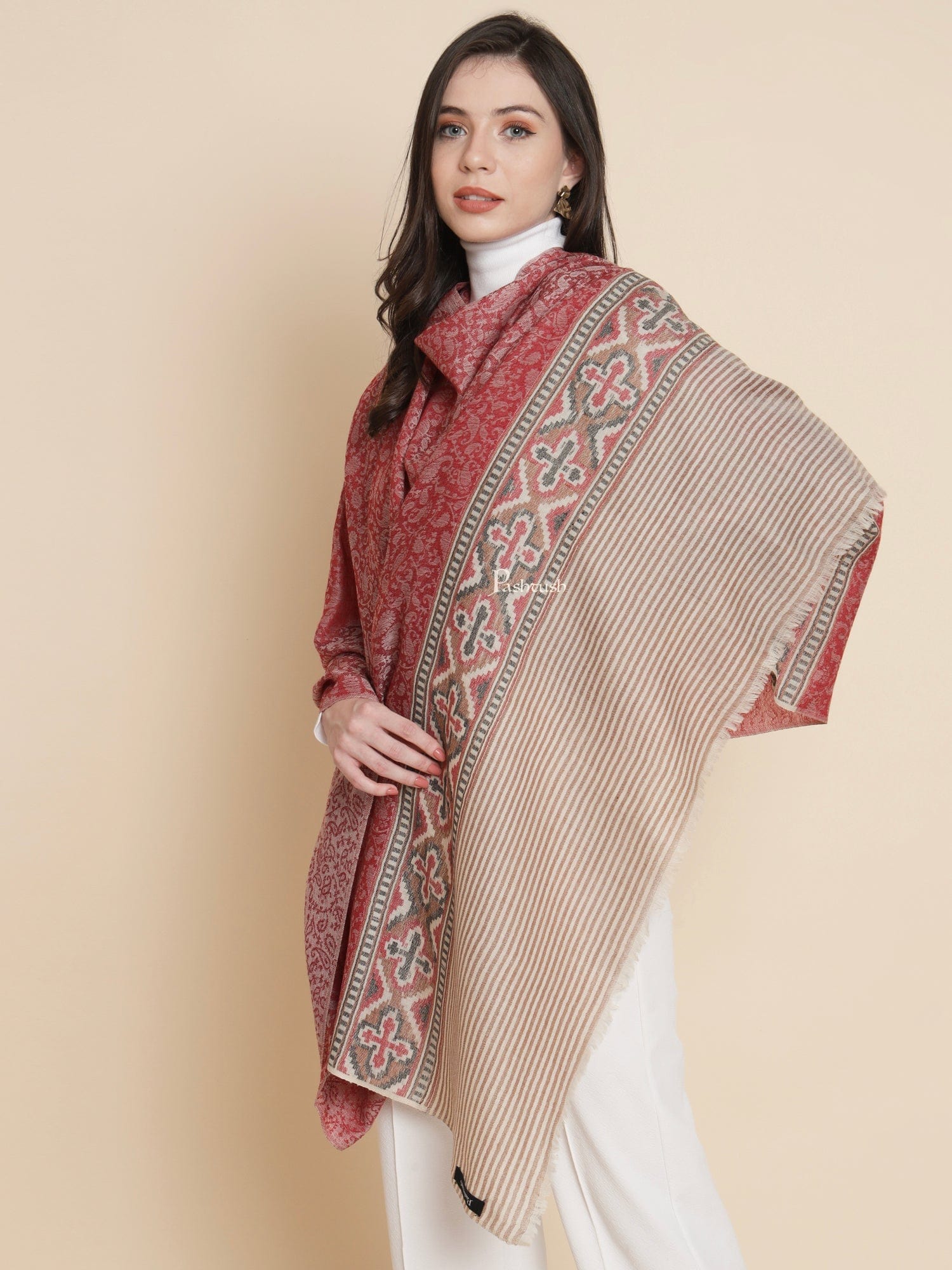 Pashtush Womens Womens, Extra Fine Wool, Aztec Palla Woven, ROSE - Image 3