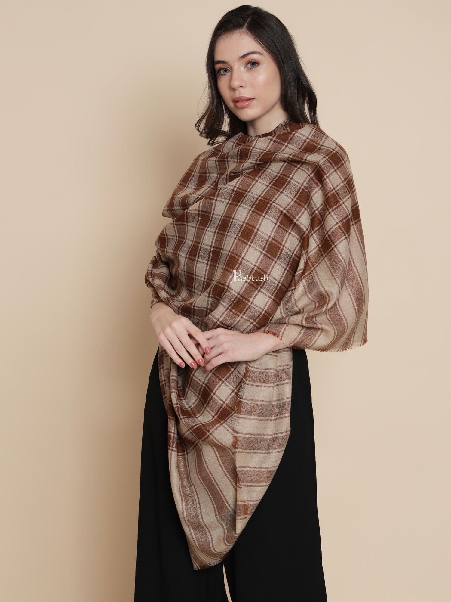 Pashtush Womens Womens, Extra Fine Wool, Checkered Bold Woven, Coffee - Image 4