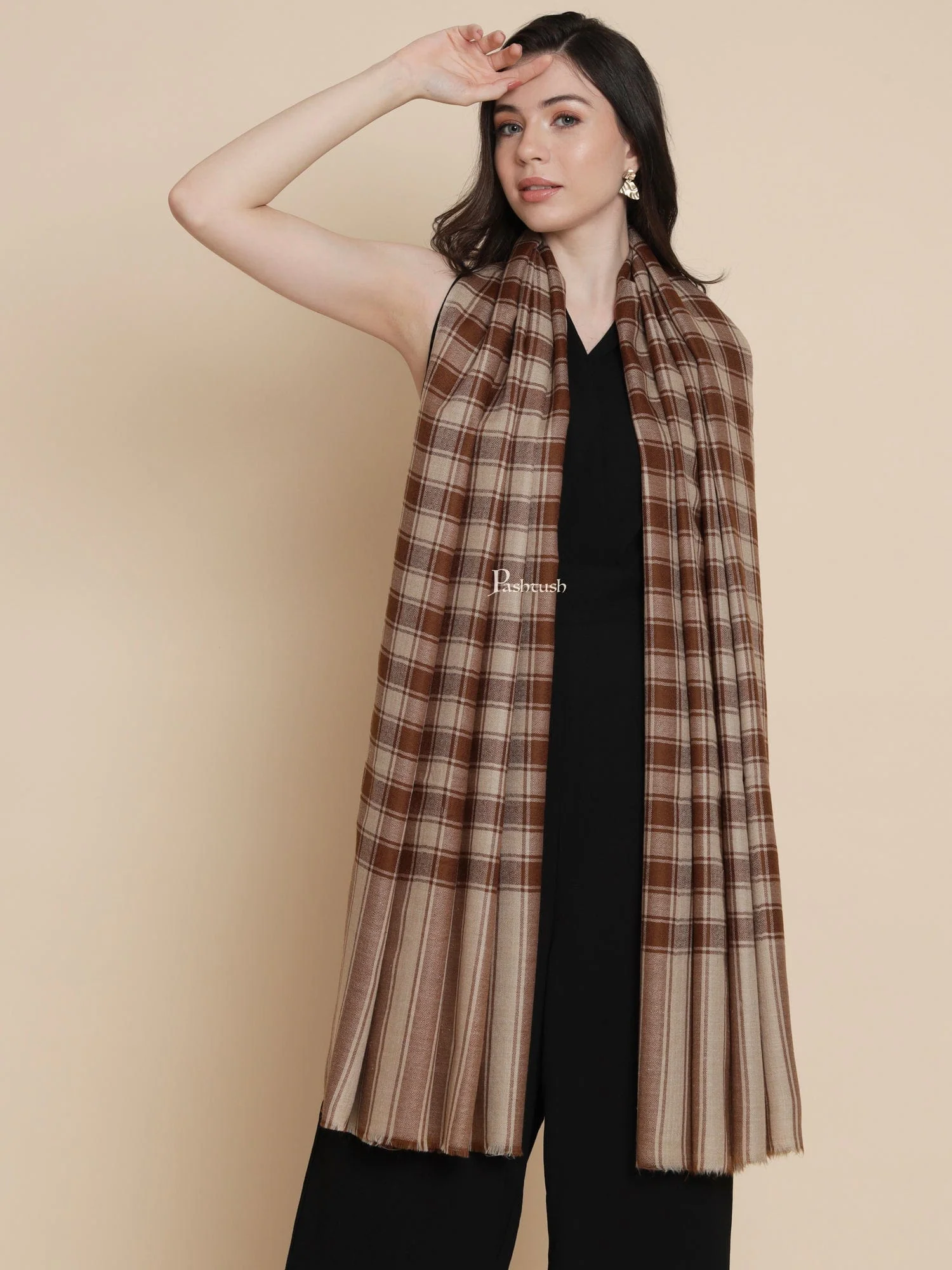 Pashtush Womens Womens, Extra Fine Wool, Checkered Bold Woven, Coffee - Image 5