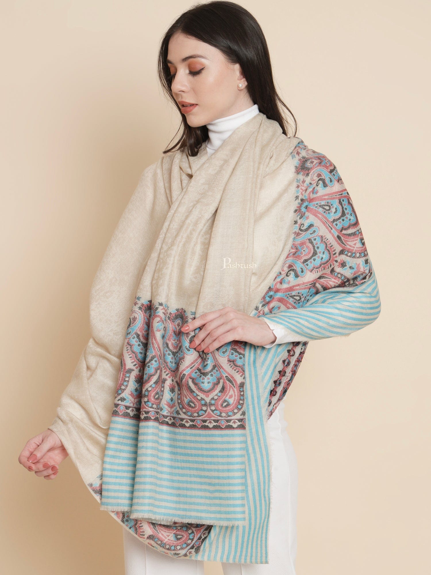 Pashtush Womens Womens, Extra Fine Wool, Ethnic Motif Palla Woven, Beige - Image 4