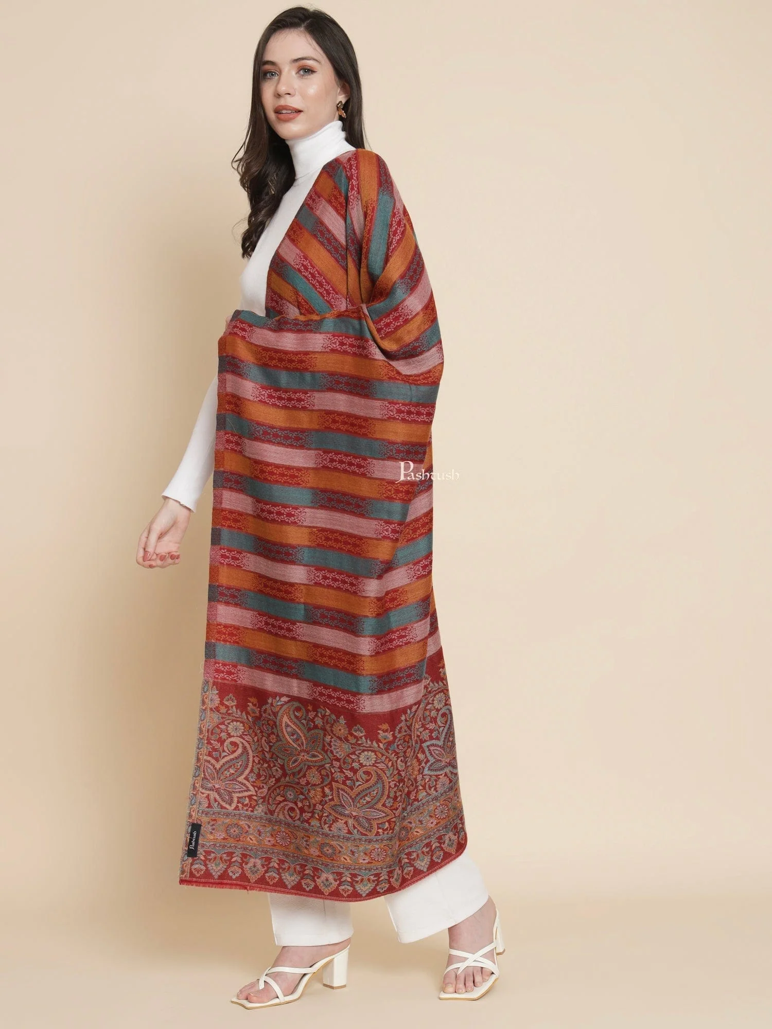 Pashtush Womens Womens, Extra Fine Wool, Striped Paisley Palla Woven, Maroon - Image 3