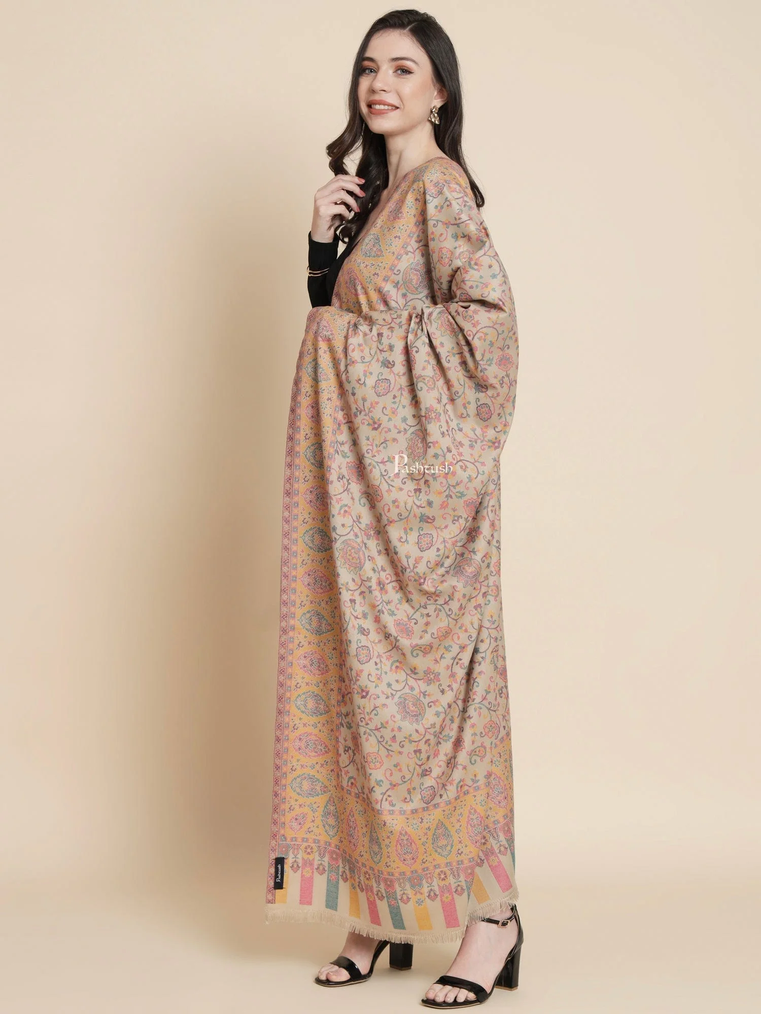 Pashtush Womens Womens, Faux Pashmina, Paisley Ethnic Woven, Beige - Image 3