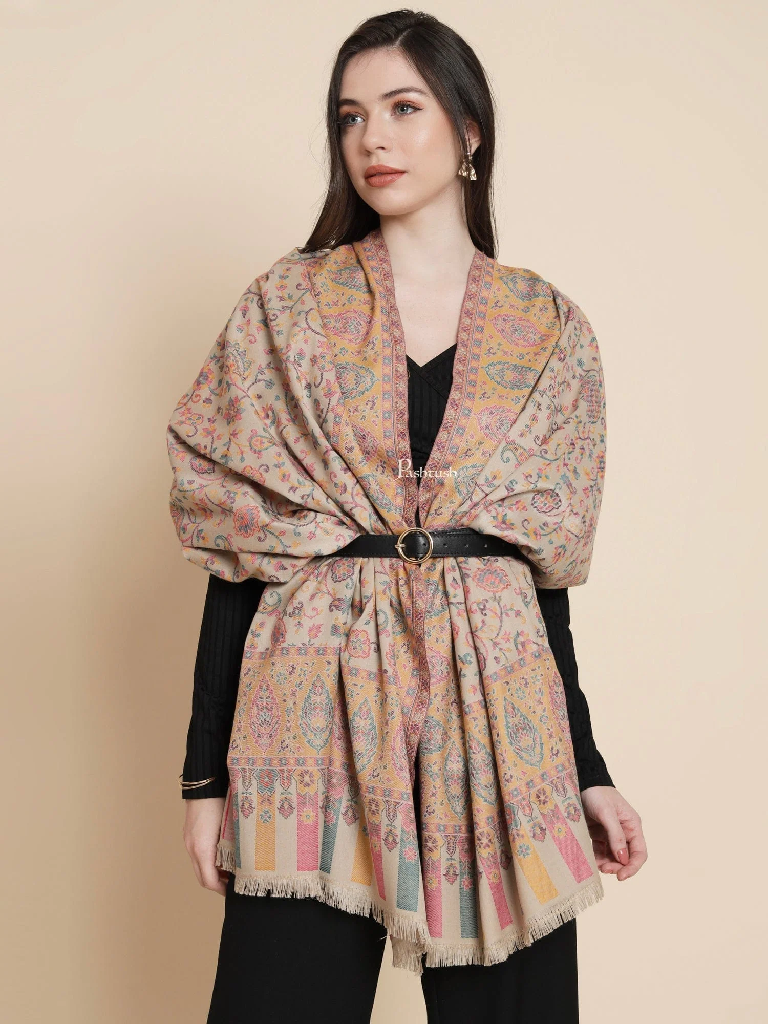 Pashtush Womens Womens, Faux Pashmina, Paisley Ethnic Woven, Beige - Image 4