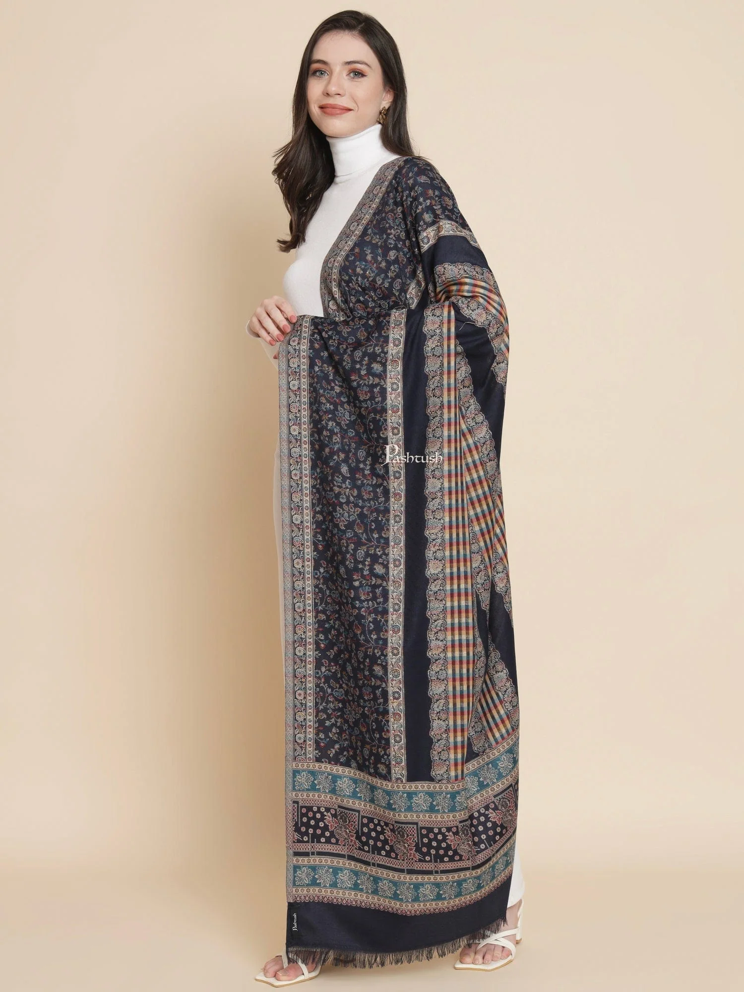Pashtush Womens Womens, Faux Pashmina, Striped Jaal Woven, Blue - Image 4