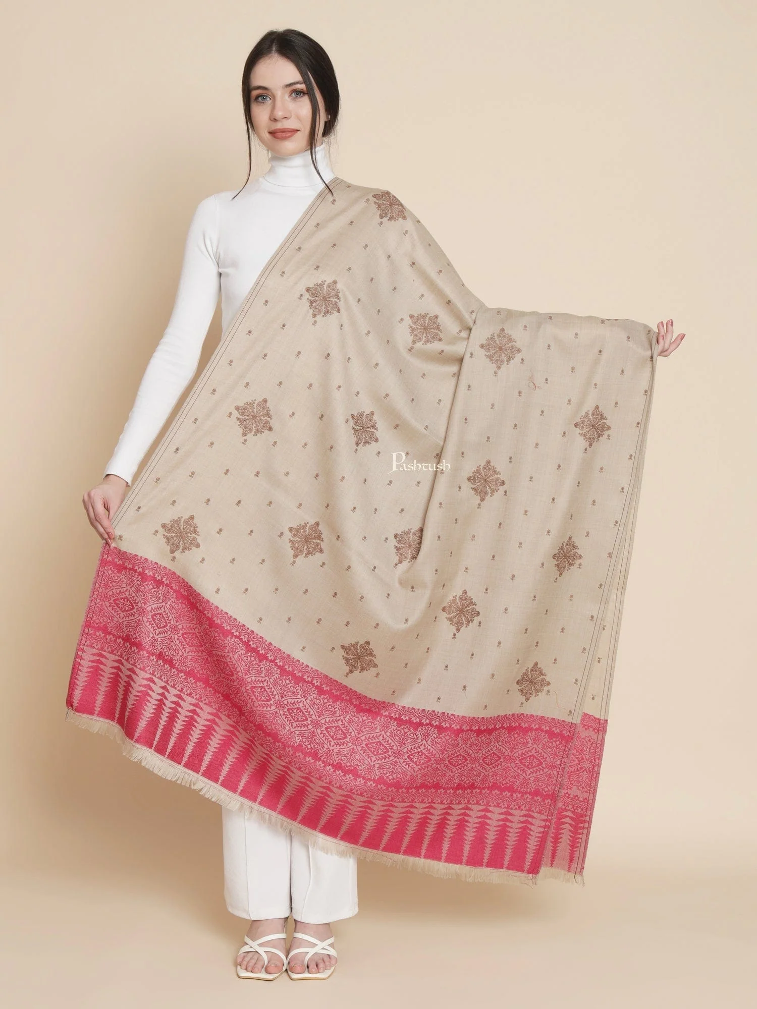 Pashtush Womens Womens, Fine Wool, Bootey Kashmiri Embroidery, Beige - Image 3
