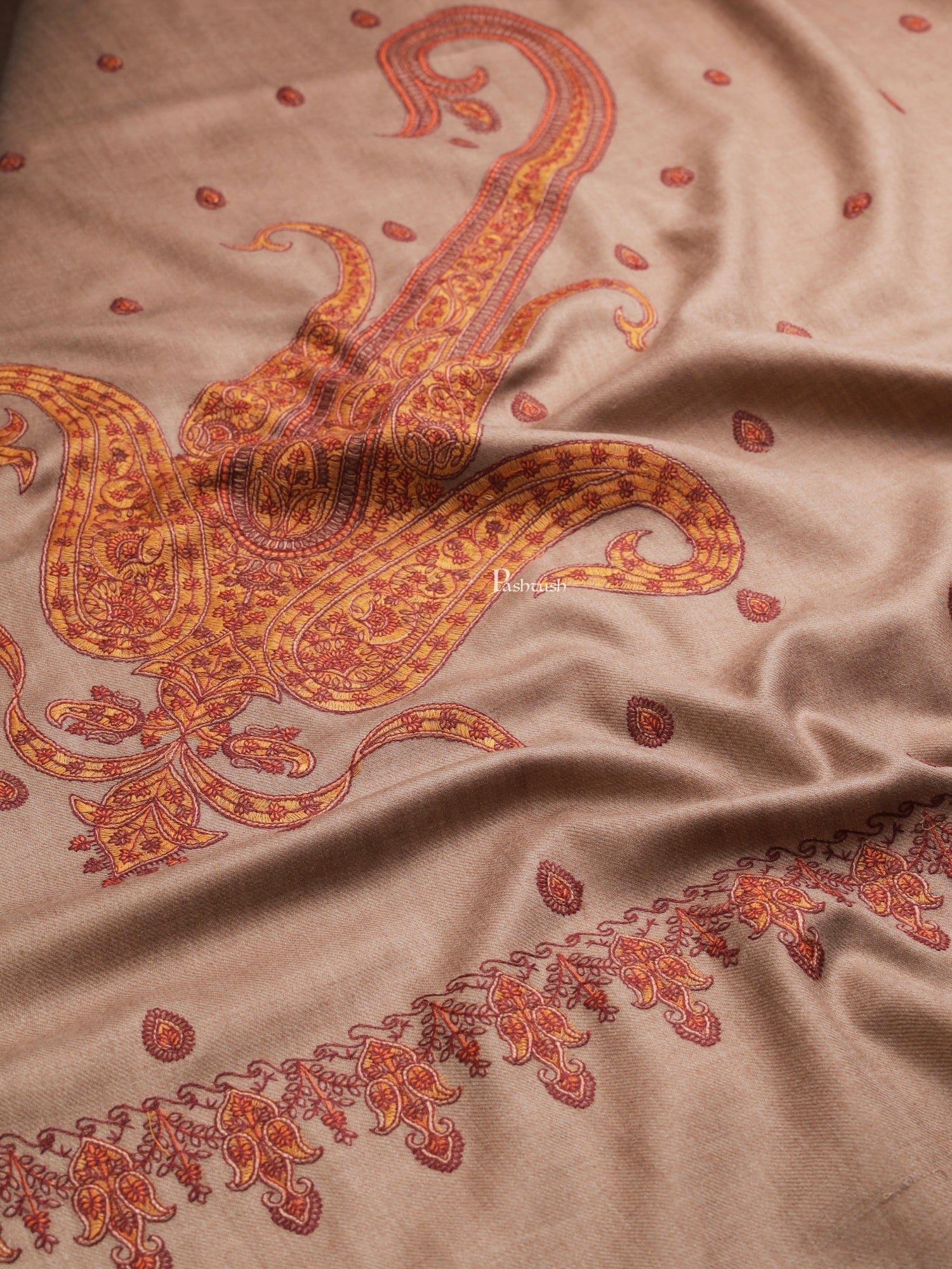 Pashtush Womens Womens, Fine Wool, Paisley Kashmiri Kunj Embroidery, Taupe - Image 2