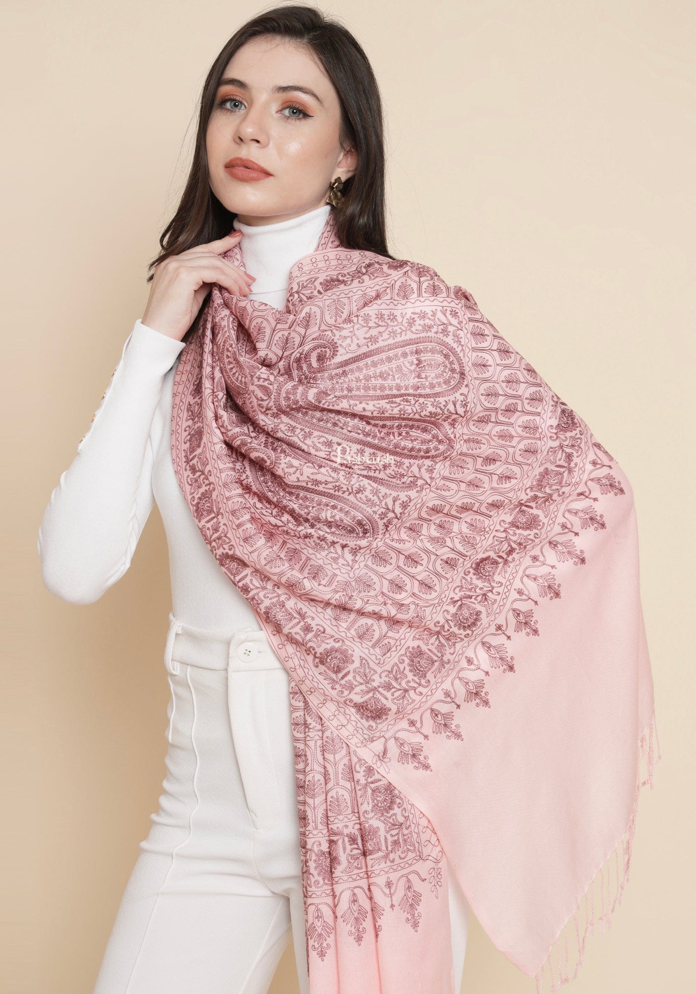 Pashtush Womens Womens, Fine Wool, Paisley Silky Nalki Embroidery, Light Pink - Image 4