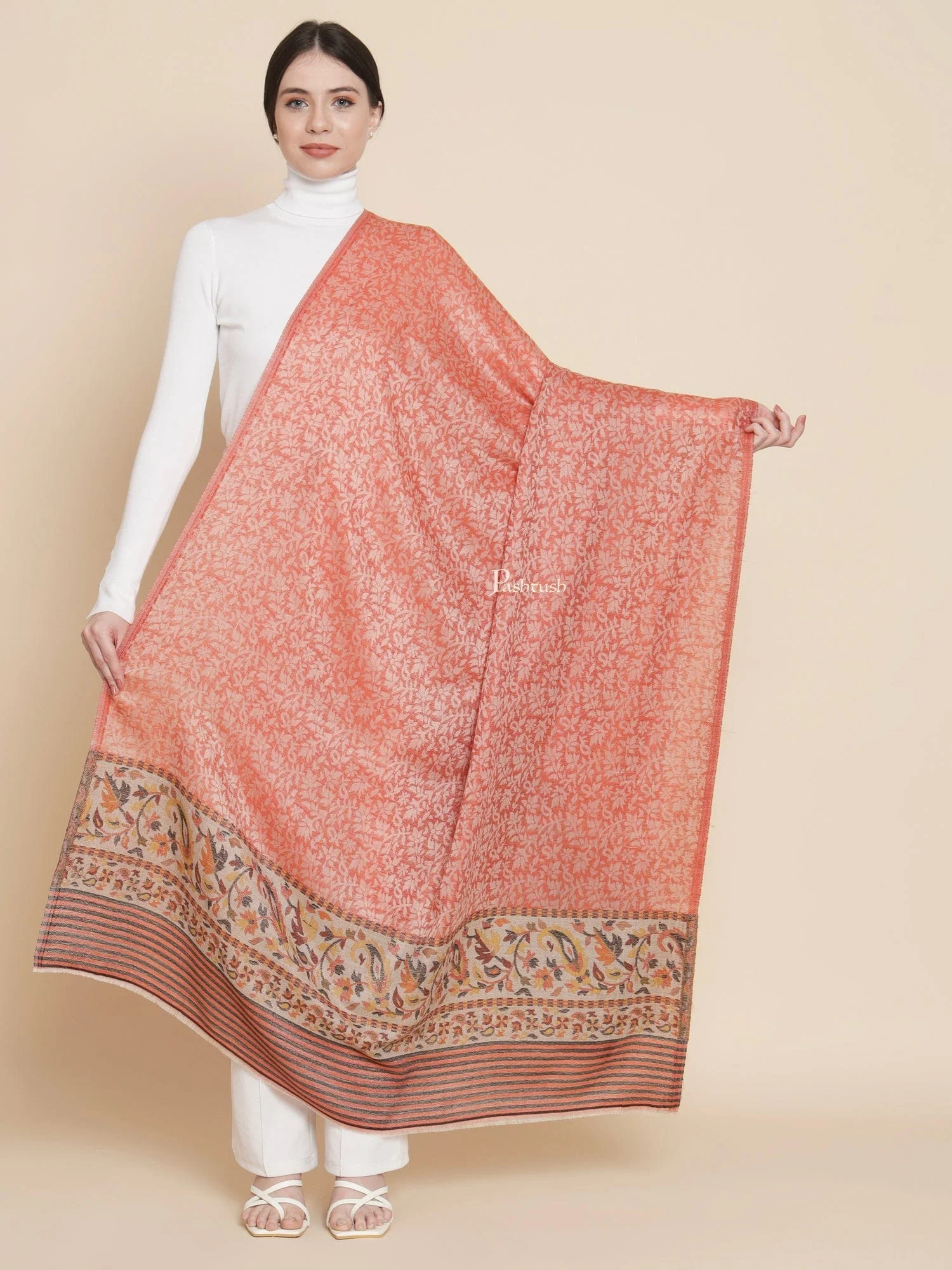 Pashtush Womens Womens, Wool Extra Fine Count , Paisley Soft Paisley Palla Ethnic Woven, Orange - Image 3