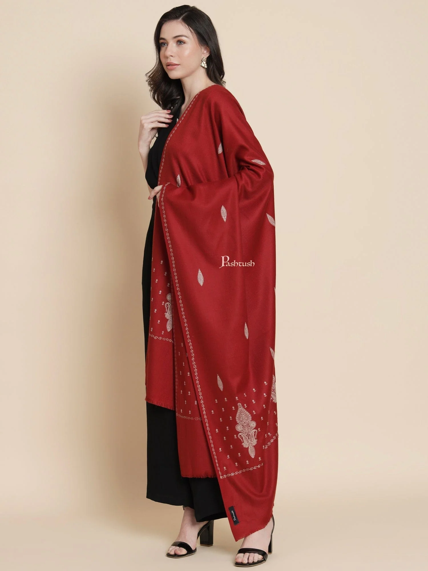Pashtush Womens Womens, Woollen, Ethnic Motif Tone On Tone Thick Embroidery, Maroon - Image 4