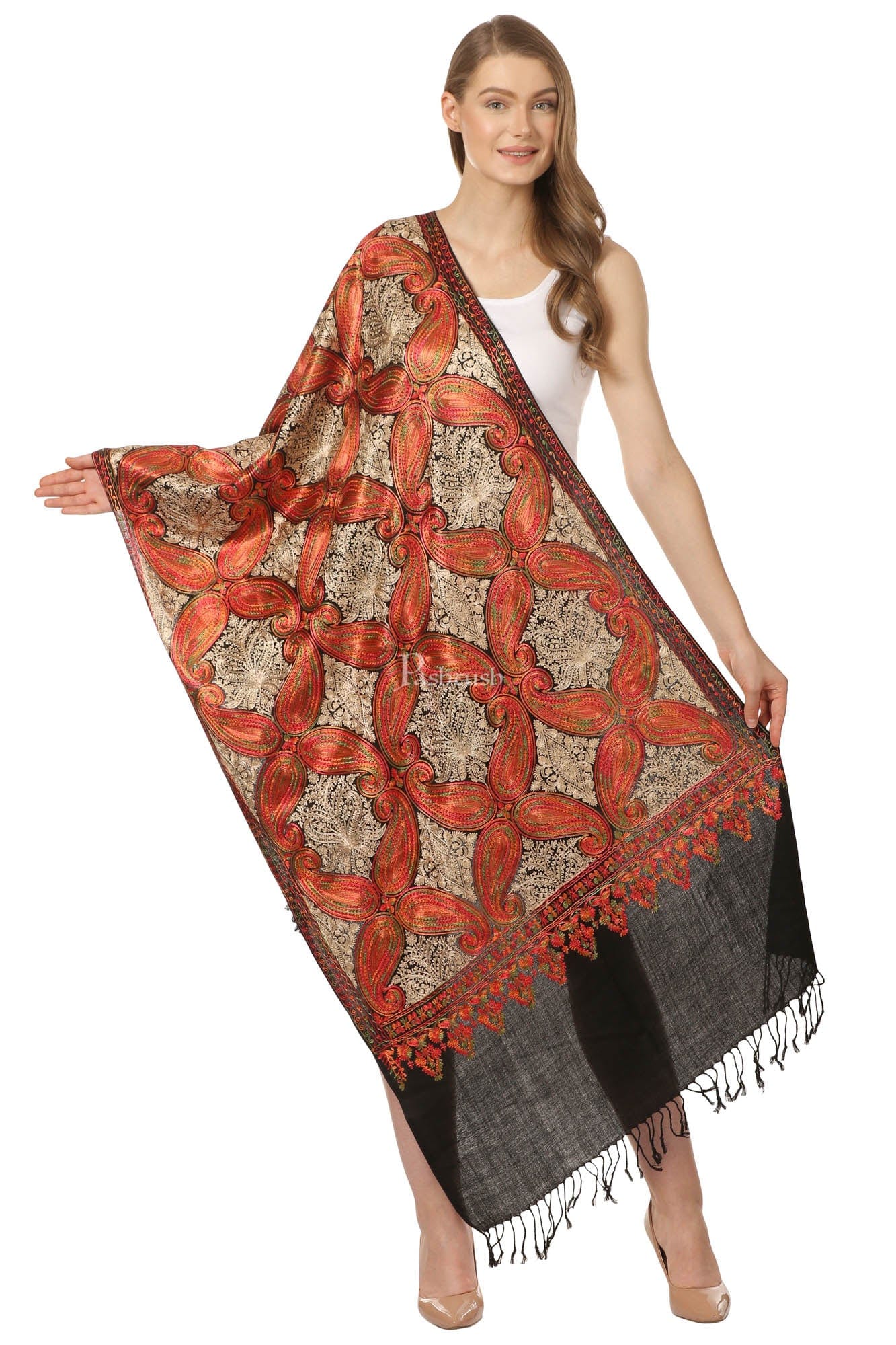 Pashtush Women'S Nalki Wool Embroidery Stole, Extra Soft Black - Image 5