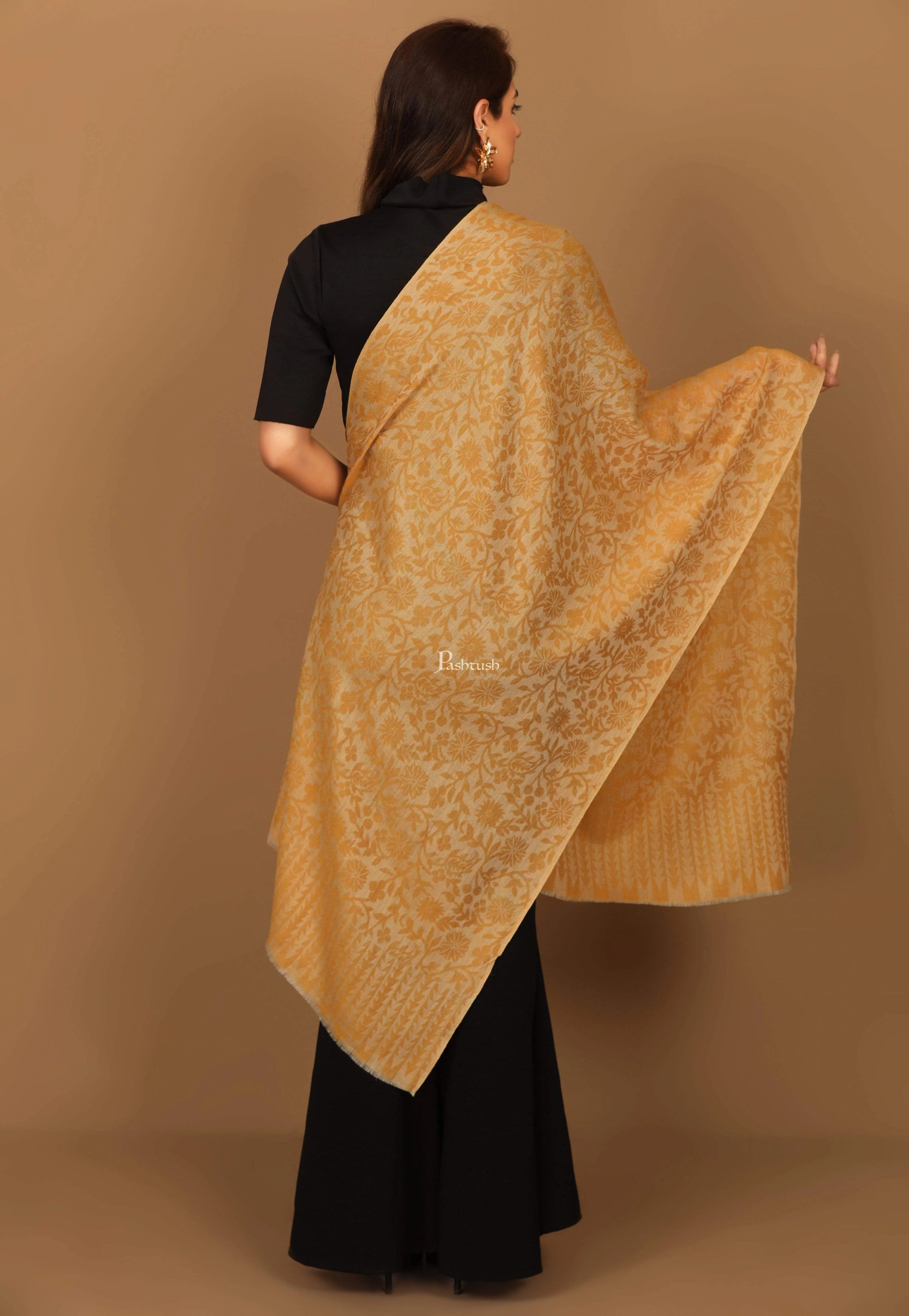 Pashtush Women'S Wool Self Reversible Scarf Floral Jacquard Design, Silk-Wool - Image 4