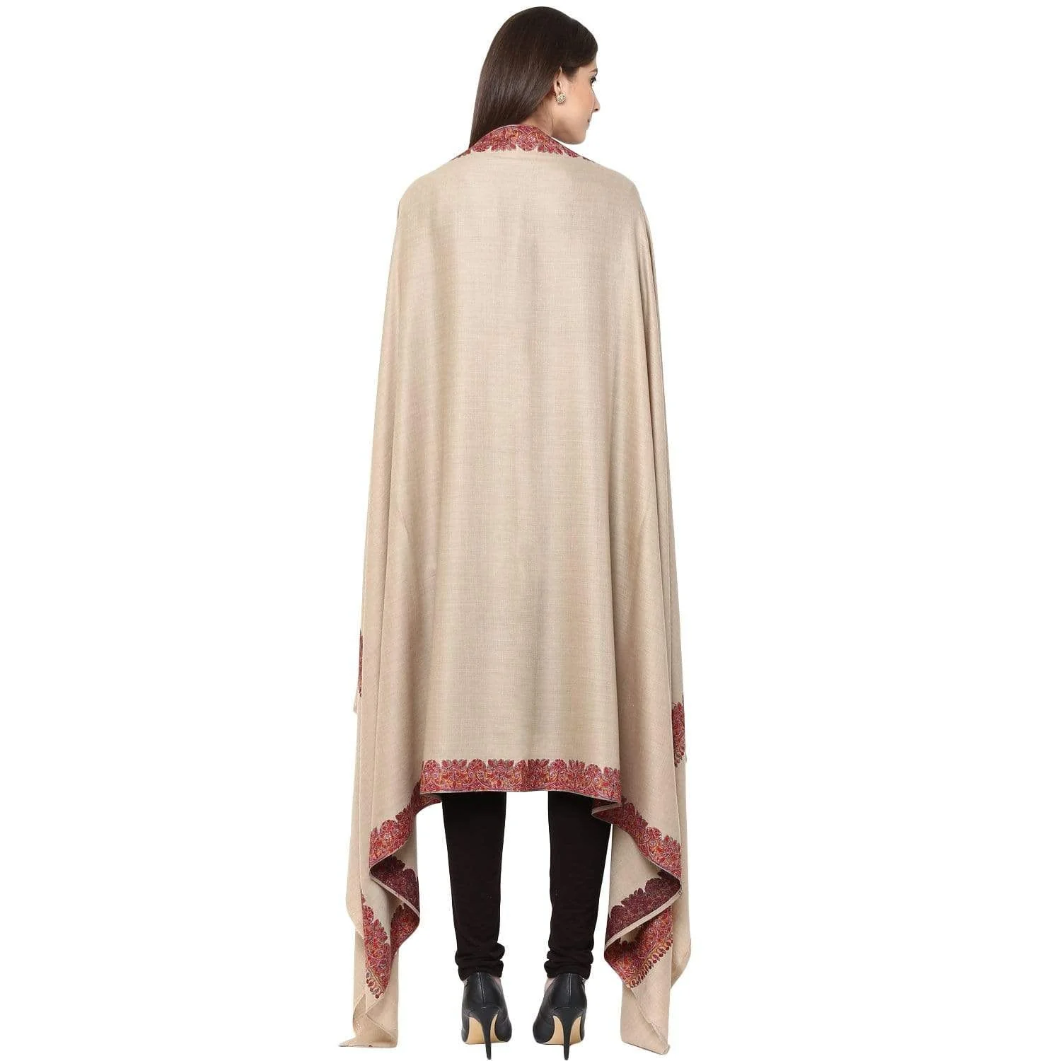 Pashtush Women'S Wool Shawl Embroidered Border Beige - Image 3