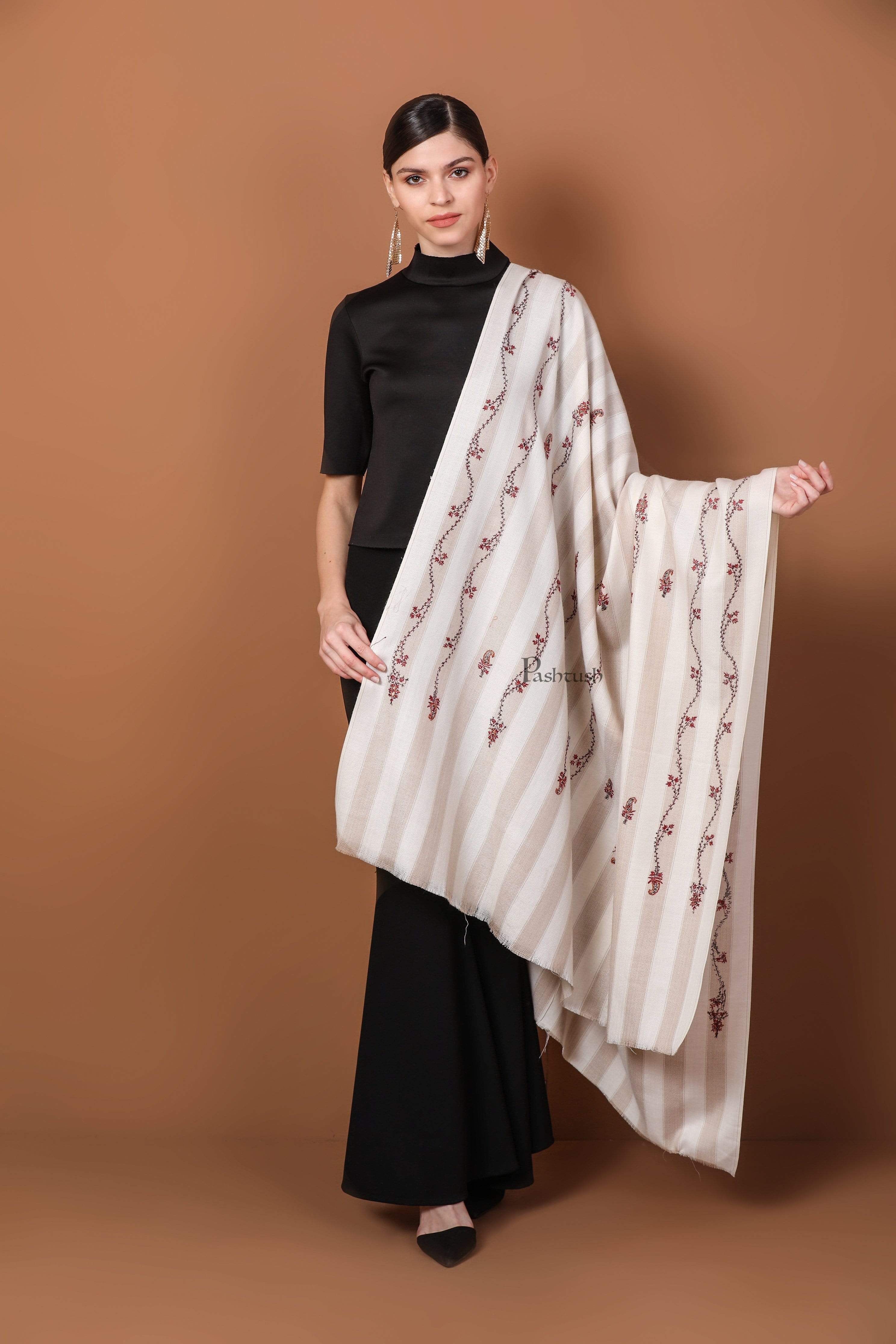 Pashtush Women'S Wool Shawl, Hand Embroidery, 100% Hand-Made (Ivory) - Image 3