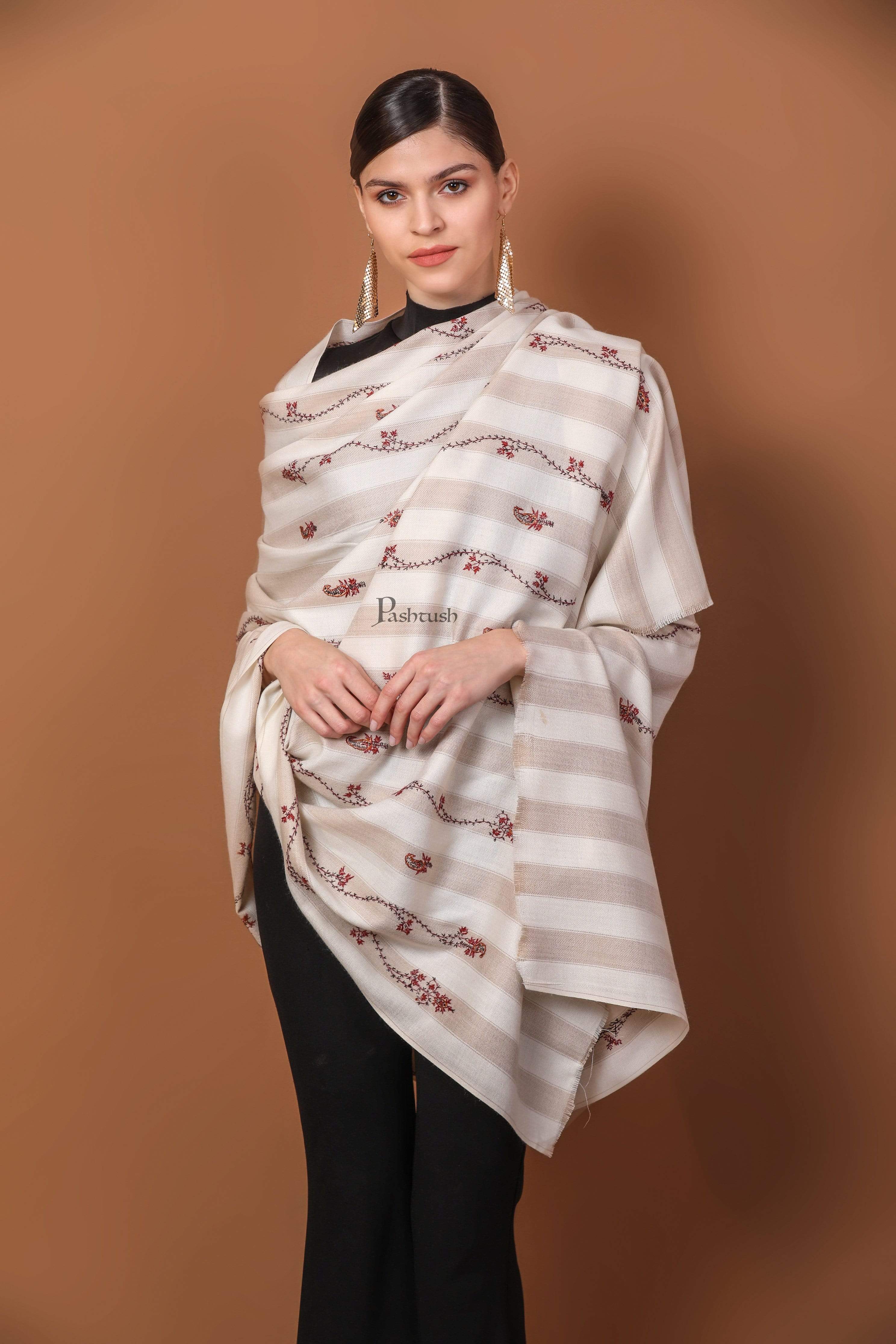 Pashtush Women'S Wool Shawl, Hand Embroidery, 100% Hand-Made (Ivory) - Image 5