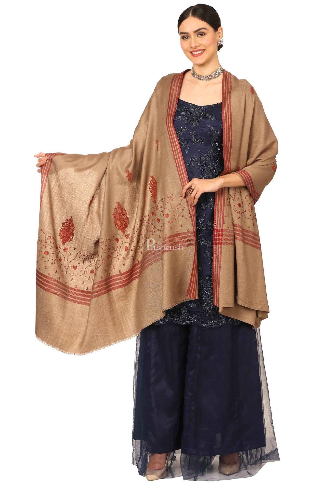 Pashtush Women'S Wool Shawl With Embroidery (Taupe , Large Size) - Image 7