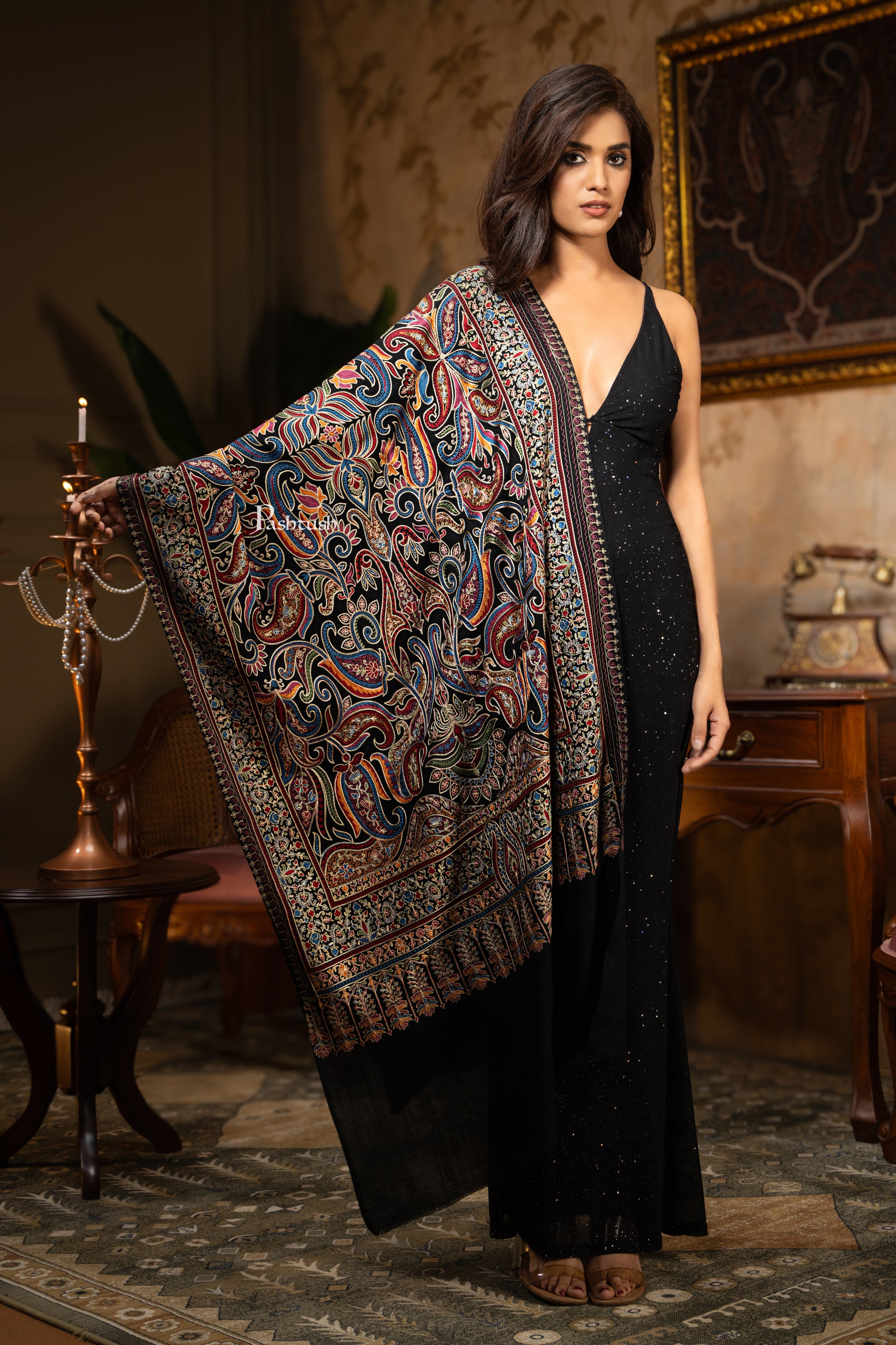 Pashtush Womens Wool Silk Stole, Silky Embroidery, Fine Stitch Design, Black - Image 7