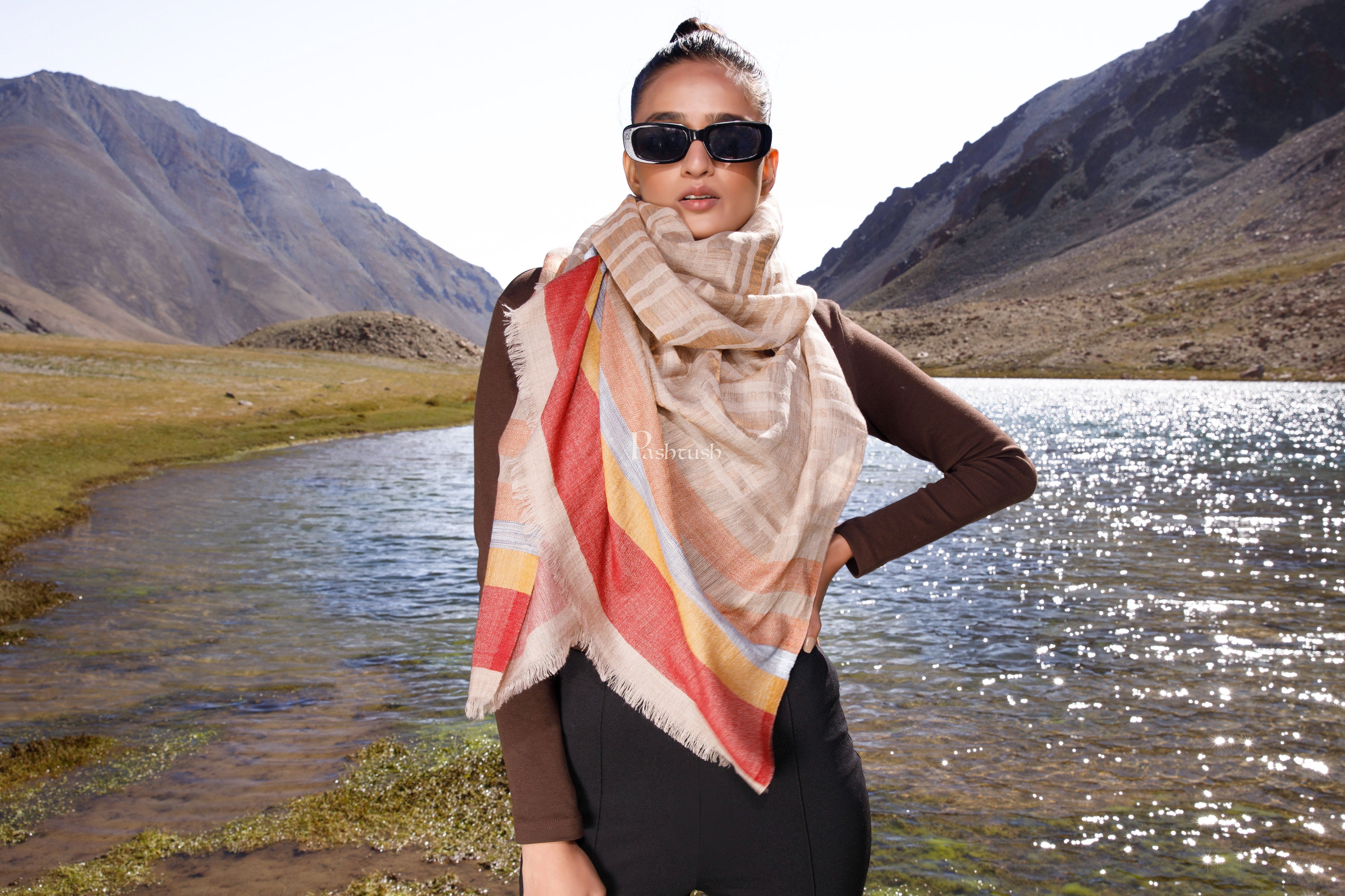 Pashtush Womens Wool Silk Stole, Twilight Collection, Soft Woven Stripes Design, Earthy Tan - Image 3