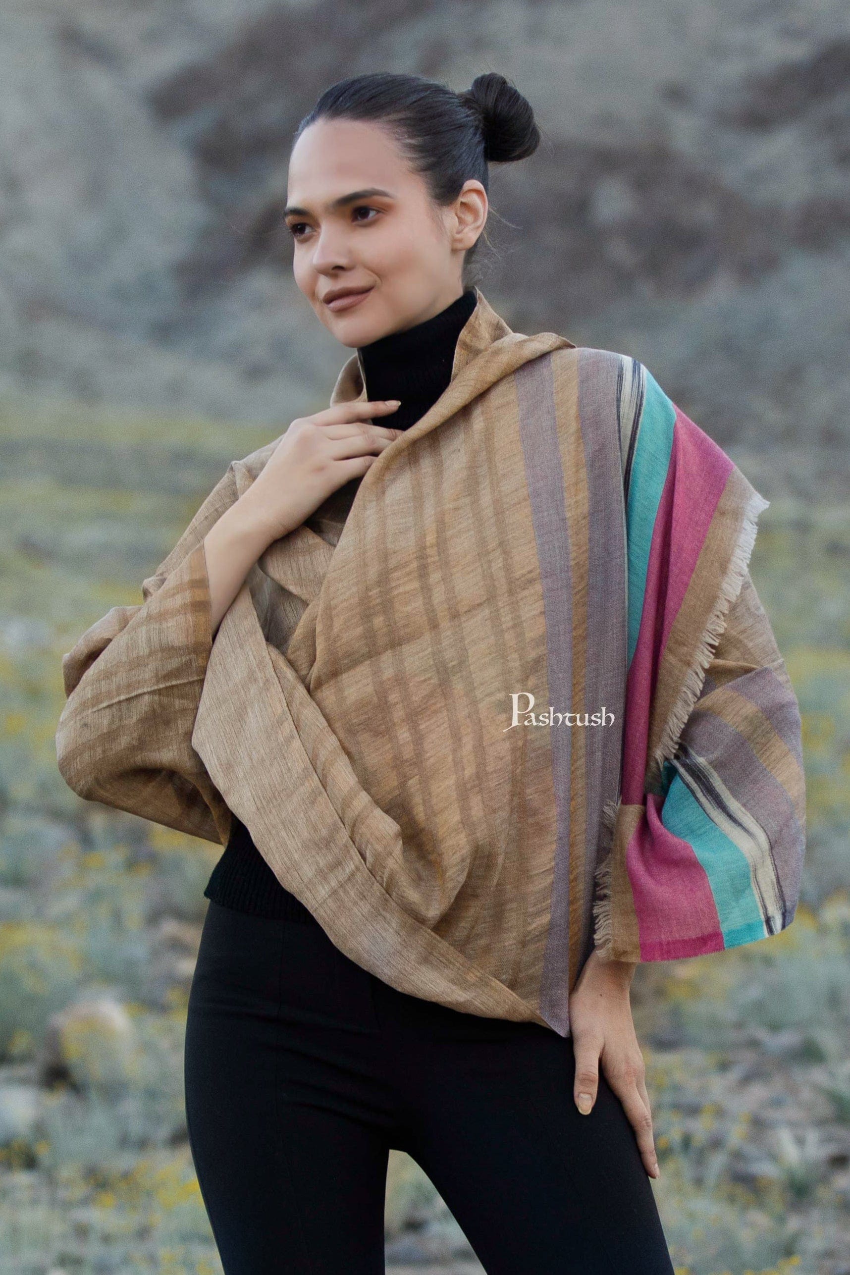 Pashtush Womens Wool Silk Stole, Twilight Collection, Soft Woven Stripes, Golden - Image 2