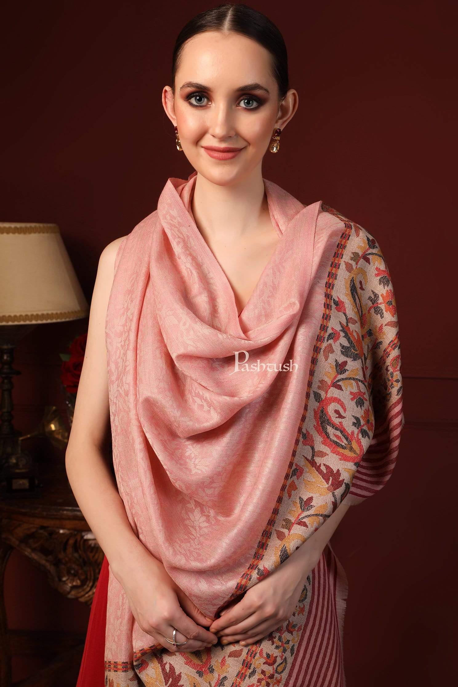 Pashtush Women'S Soft Wool Cashmere Blended Shawl, Ethnic Palla, Blush Pink - Image 4