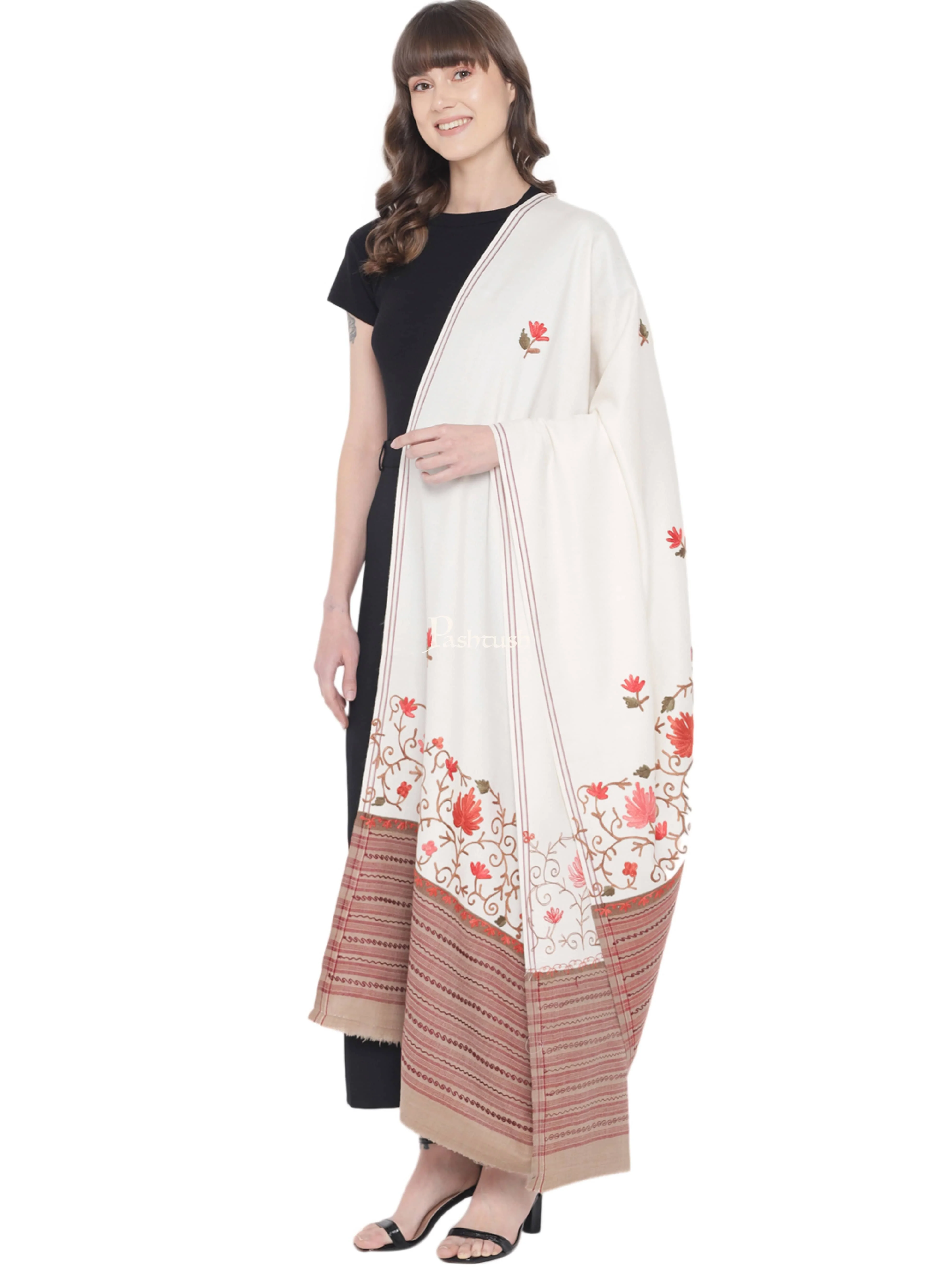 Pashtush Womens Woollen Shawl, Stitched Palla, Aari Embroidery, White - Image 4