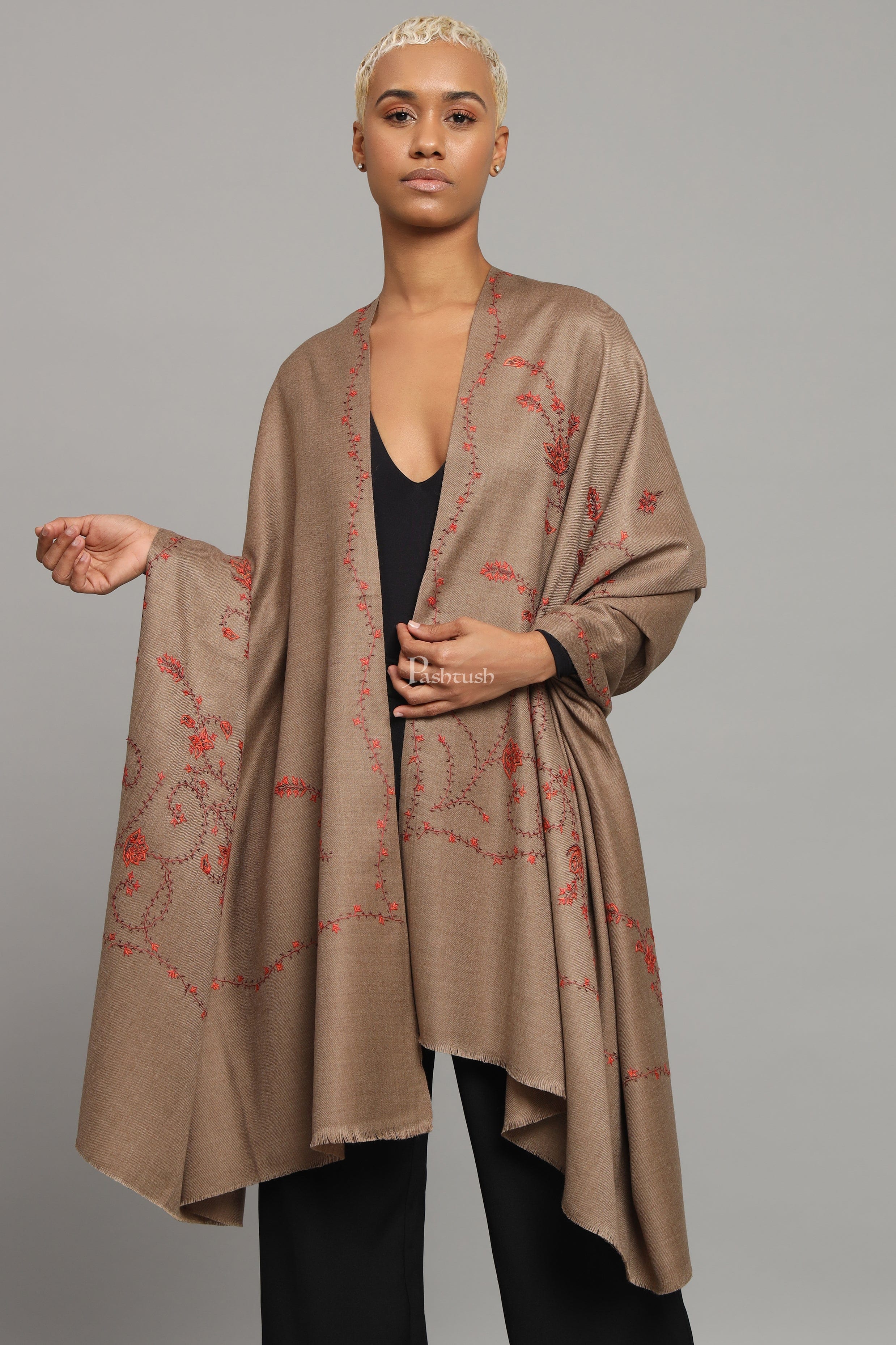Pashtush Womens Woollen Shawl, Thick And Warm, Kashmiri Hand Embroidery, Design, Taupe - Image 3