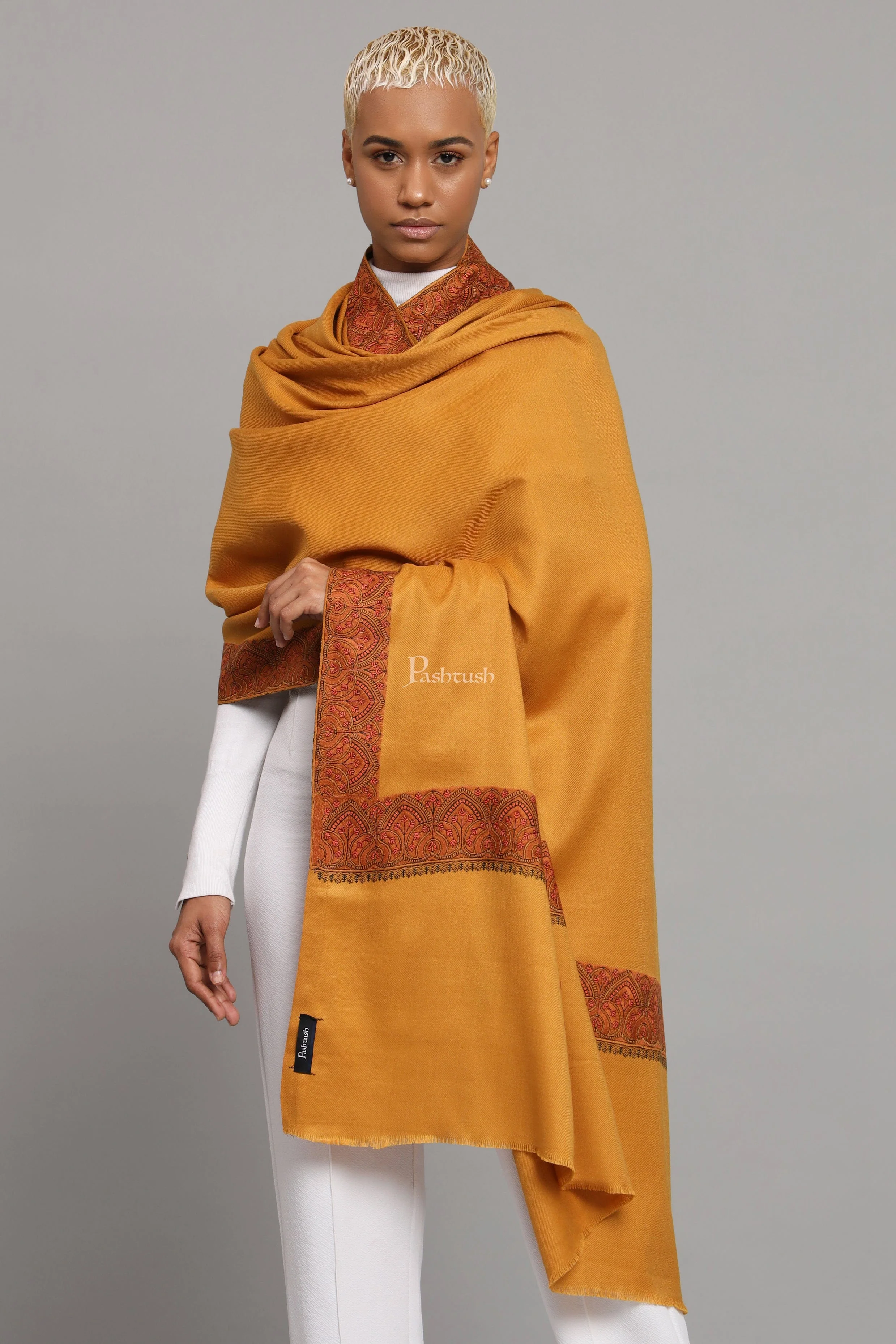 Pashtush Womens Woollen Shawl, Thick Woollen, Kashmiri Embroidery Design, Mustard - Image 5
