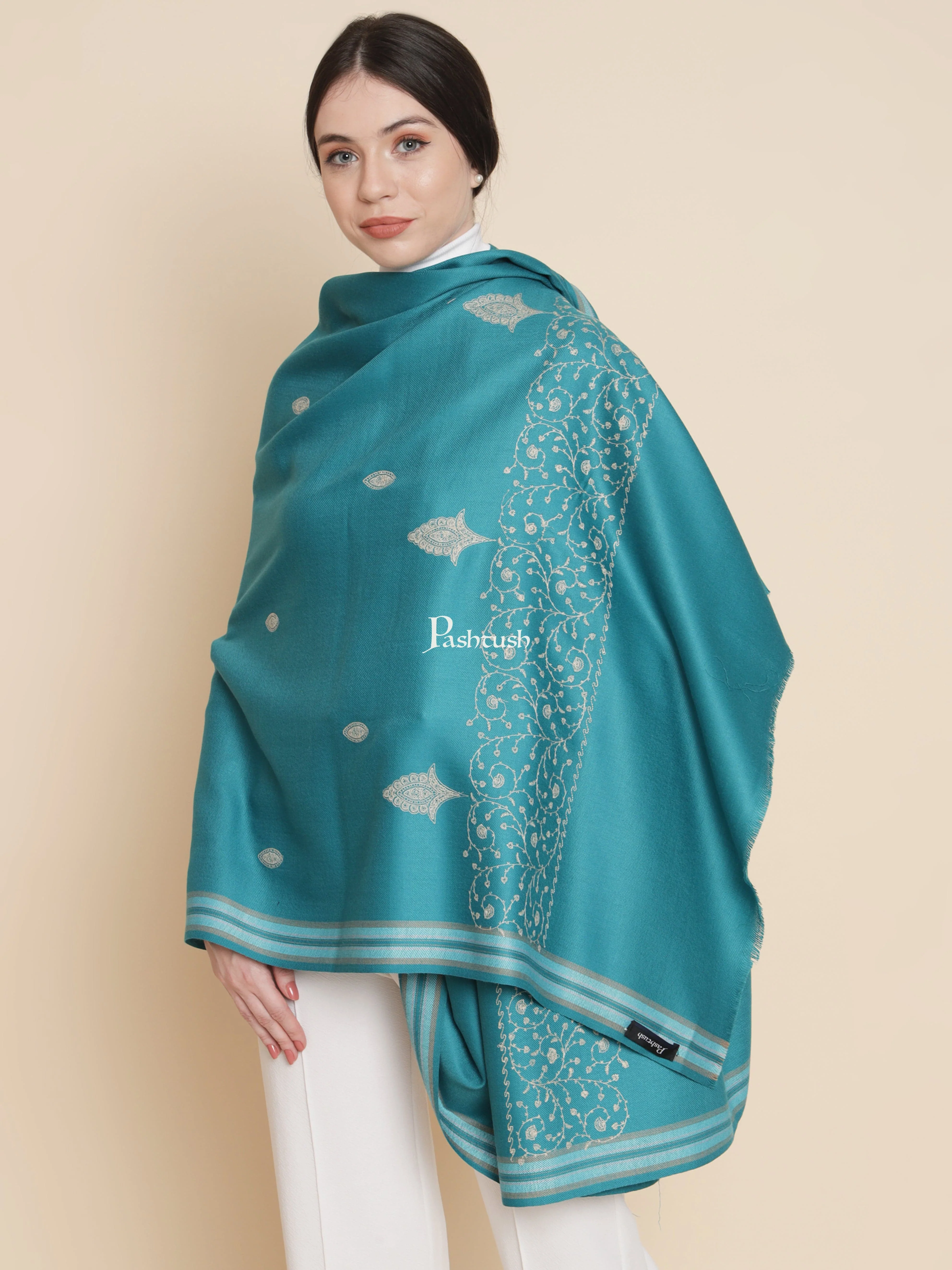 Pashtush Womens Woollen Shawl, Tone And Tone Palla Embroidery, Serne Blue - Image 3