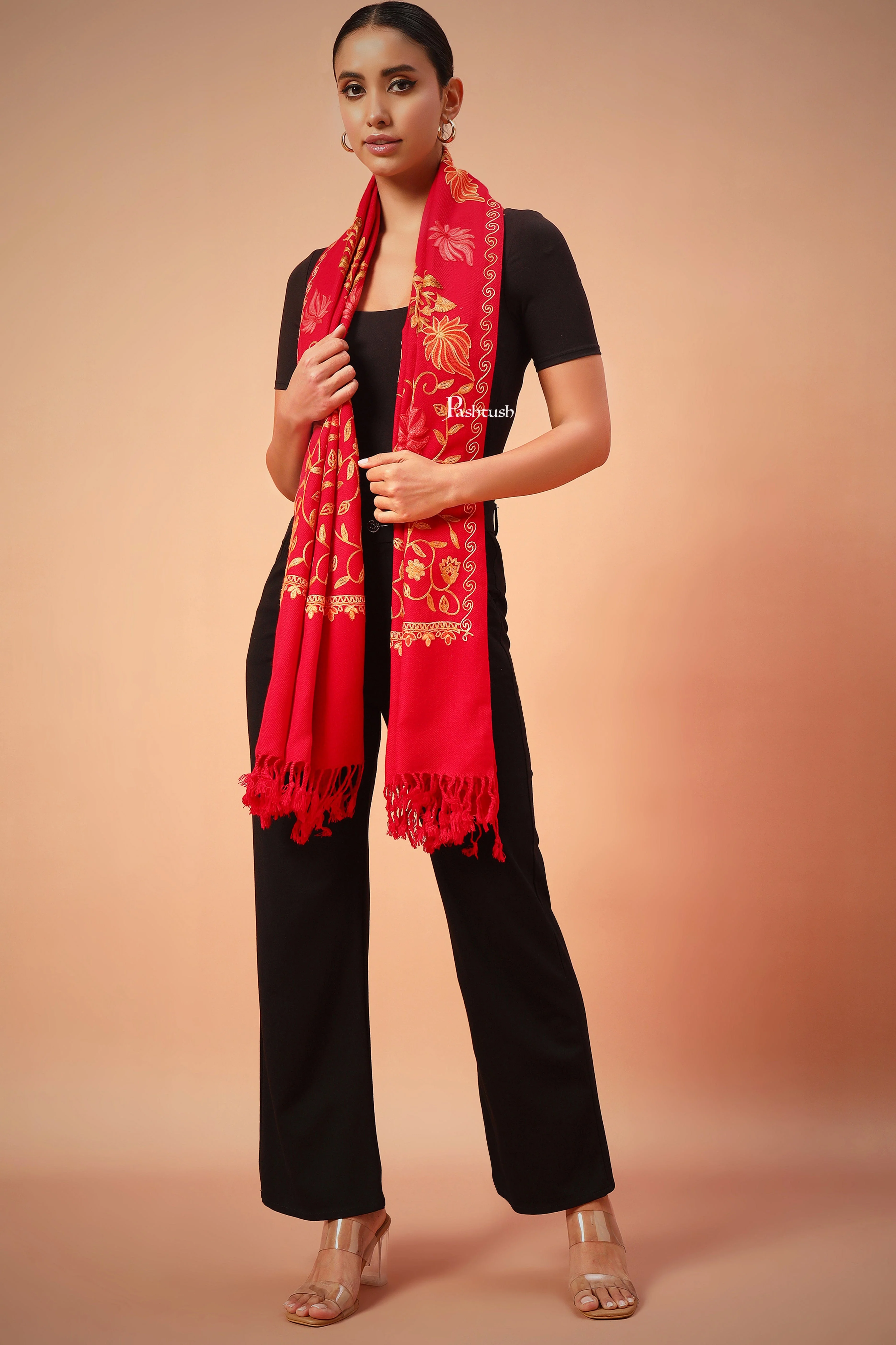 Pashtush Womens Woollen Stole, Aari Embroidery, Kashmiri Design, Red - Image 4