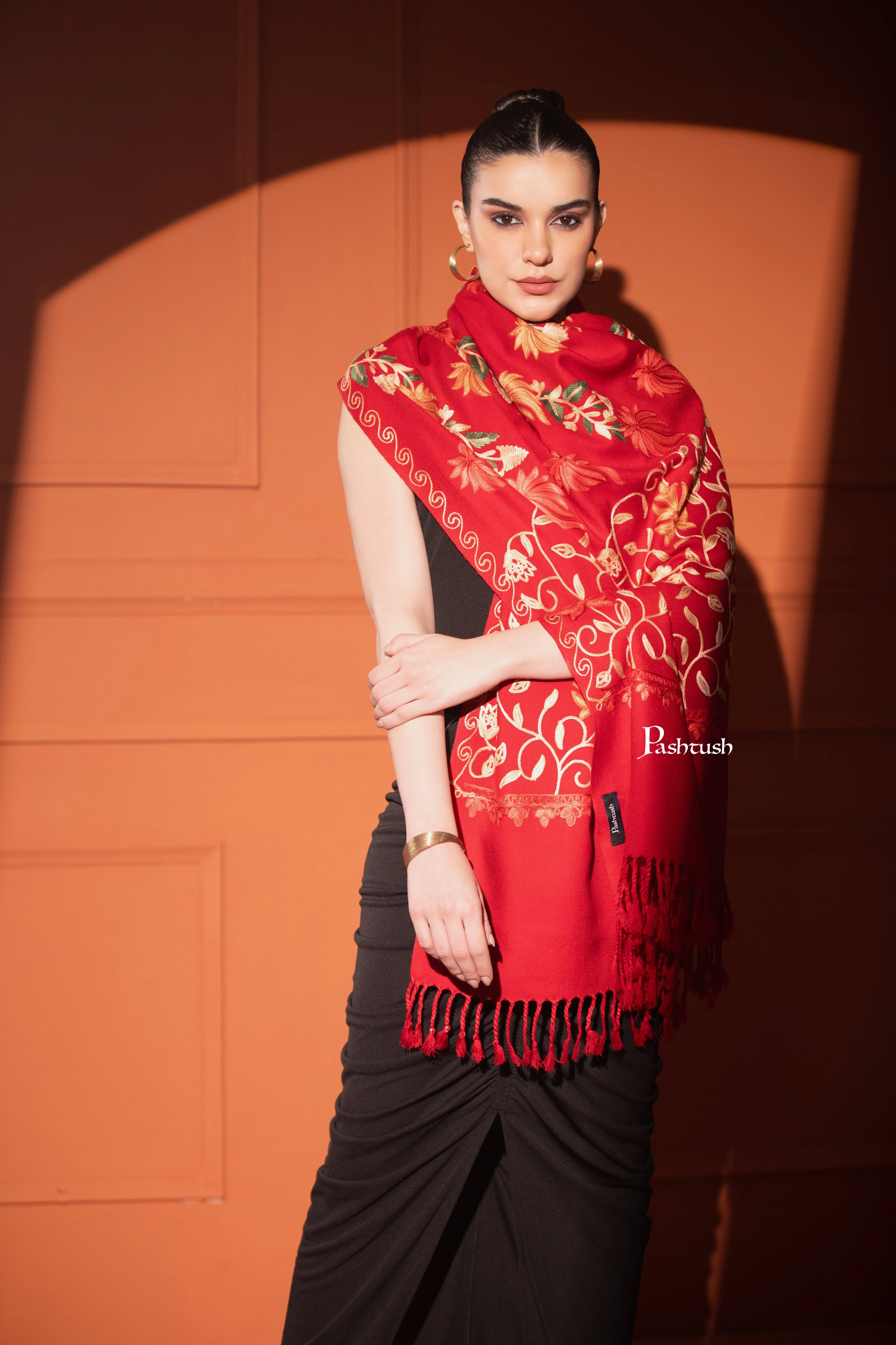 Pashtush Womens Woollen Stole, Aari Embroidery, Kashmiri Design, Red - Image 5