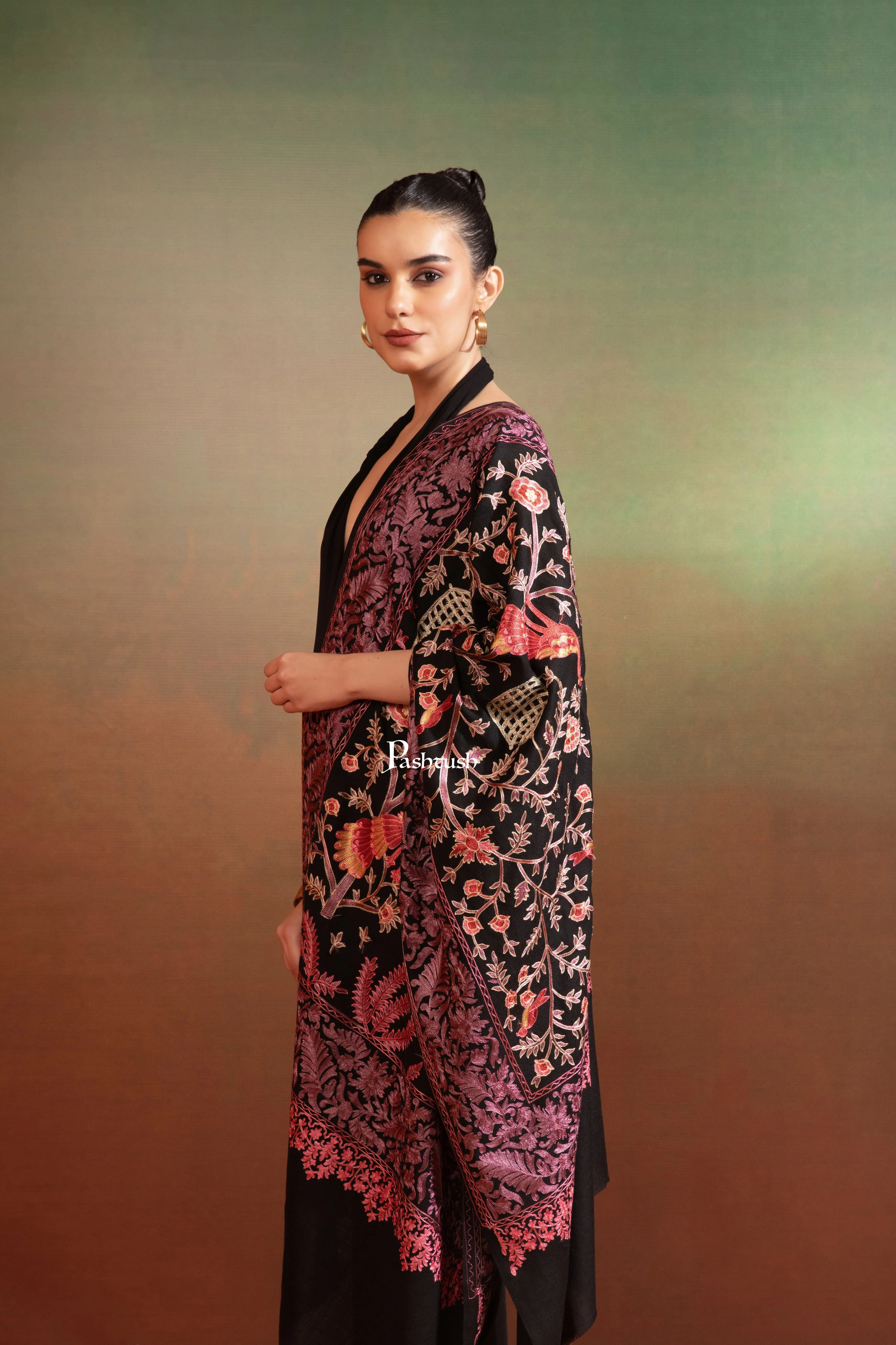 Pashtush Womens Woollen Stole, Gardens Of Paradise, Embroidery Design, Black - Image 3