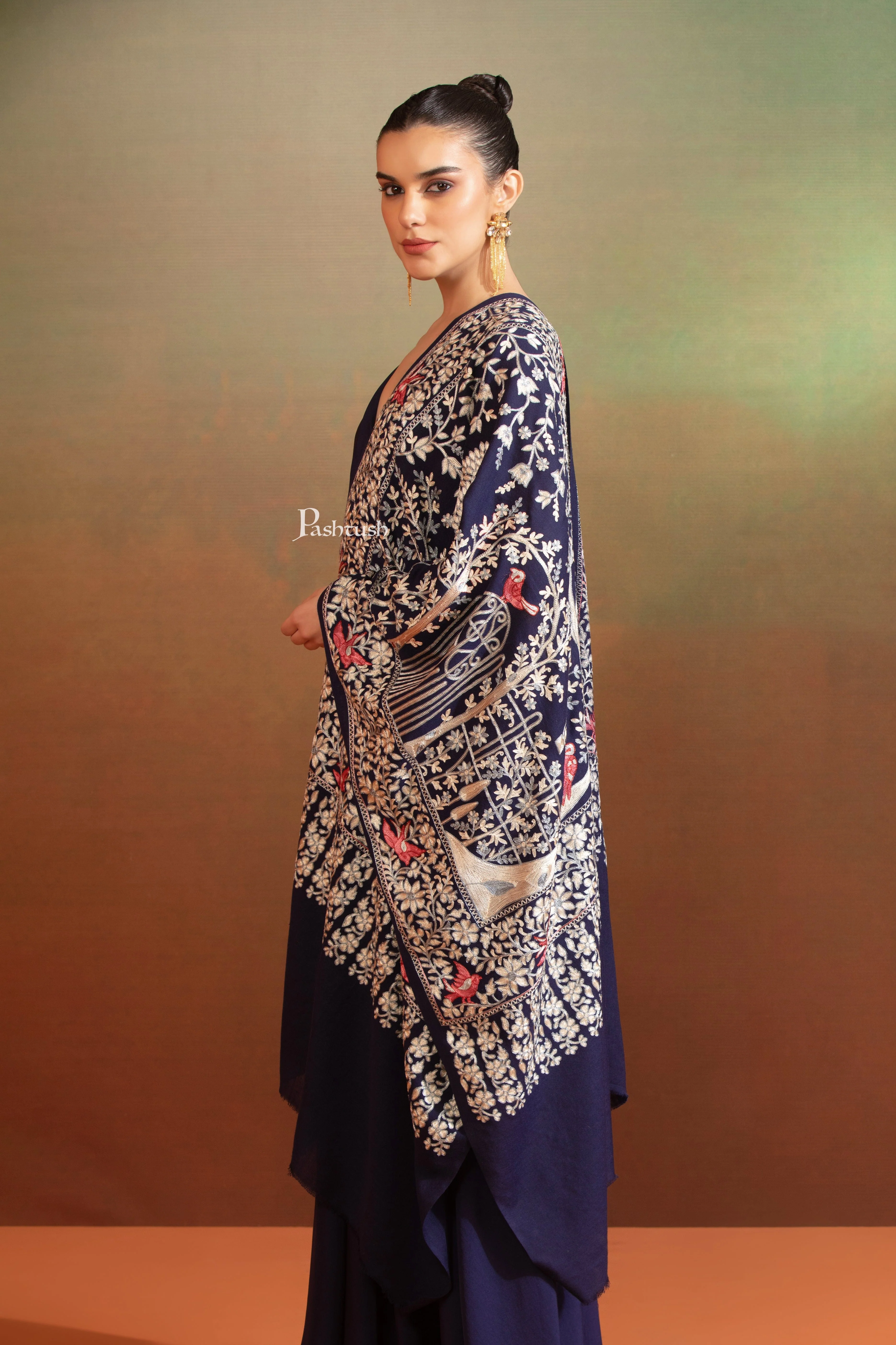 Pashtush Womens Woollen Stole, Gardens Of Paradise, Embroidery Design, Blue - Image 3