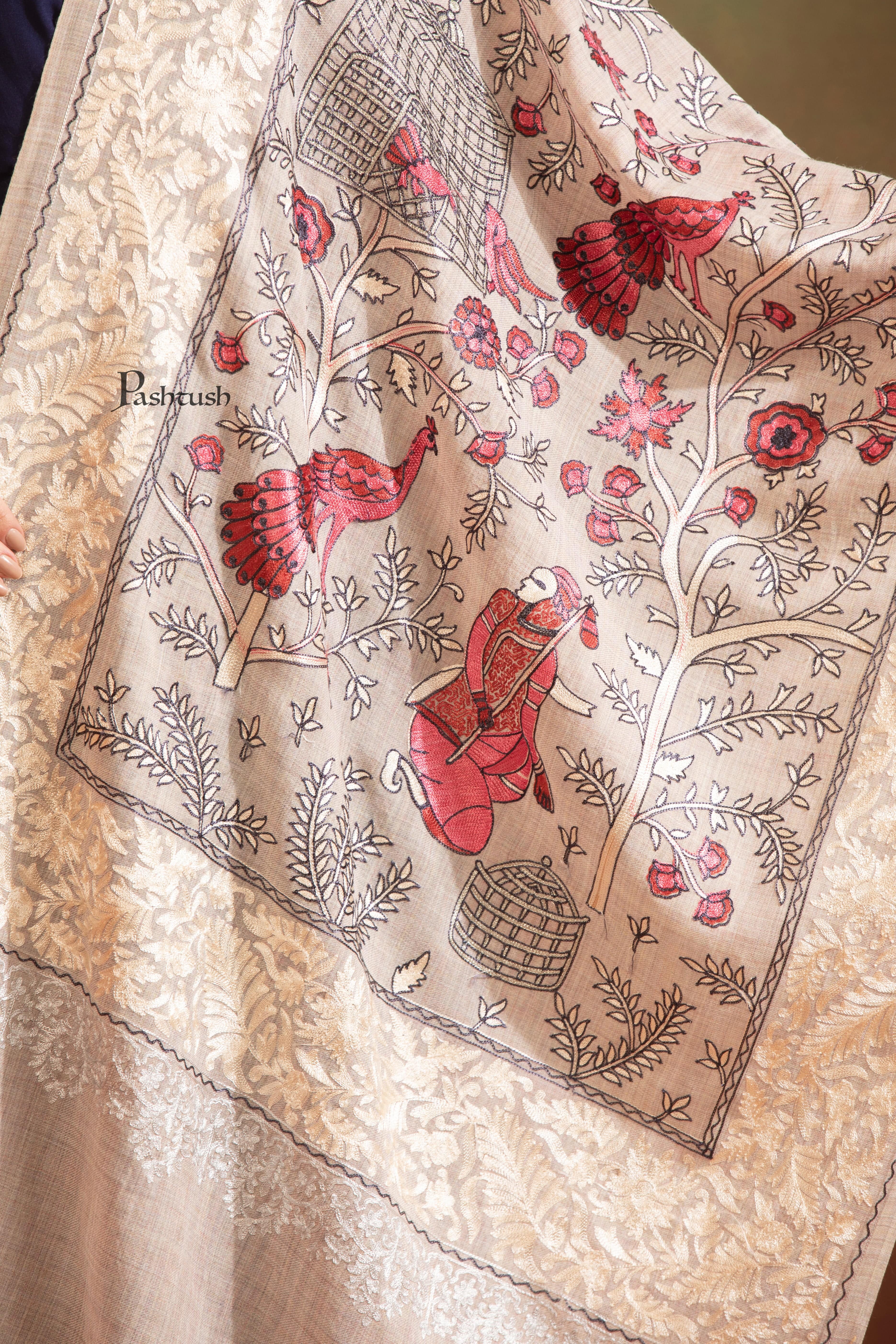 Pashtush Womens Woollen Stole, Gardens Of Paradise, Embroidery Design, Slate - Image 2