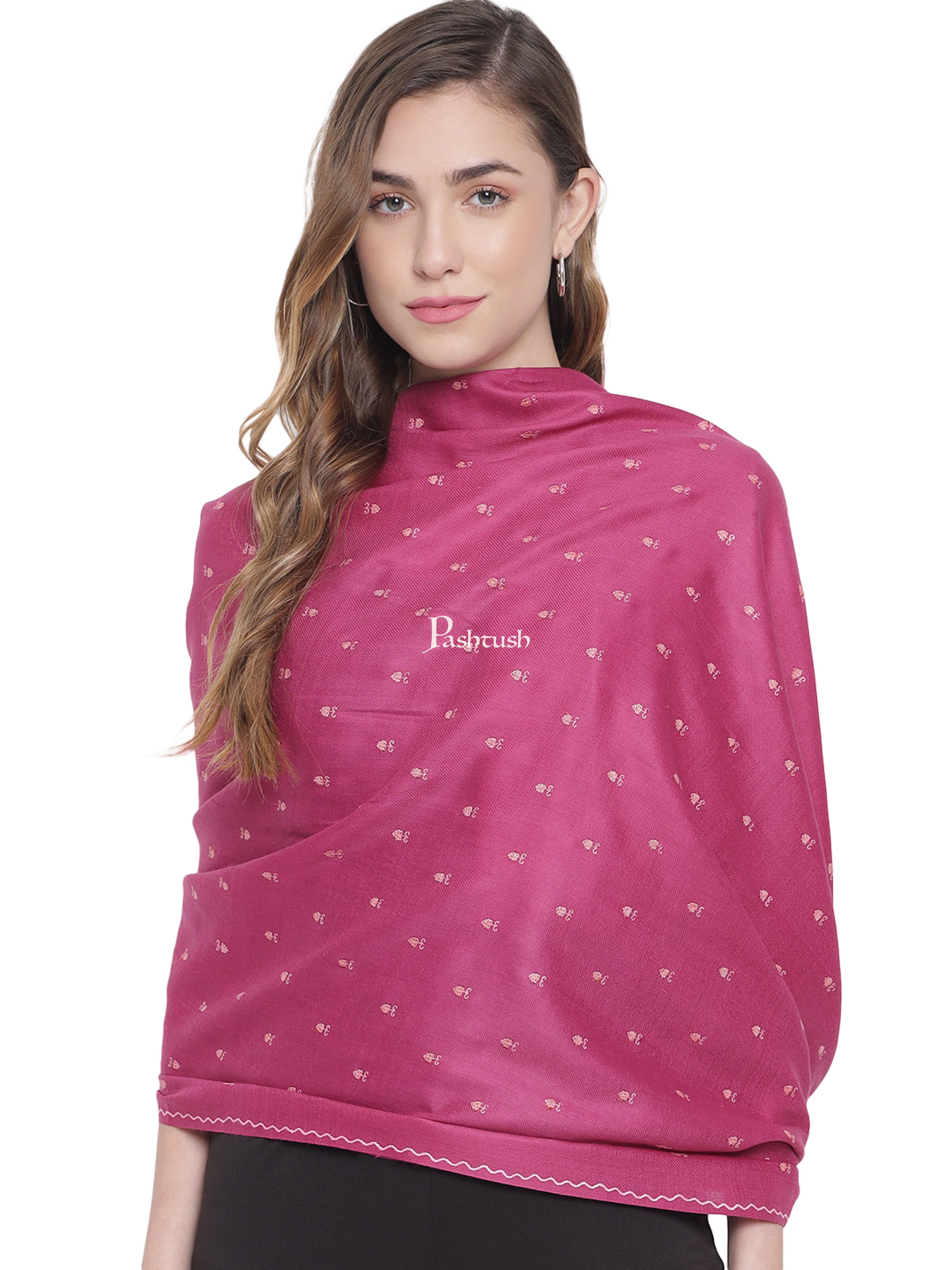 Pashtush Womens Woollen Stole, Kashmiri Booti Embroidery Needlework Stole, Pink - Image 5