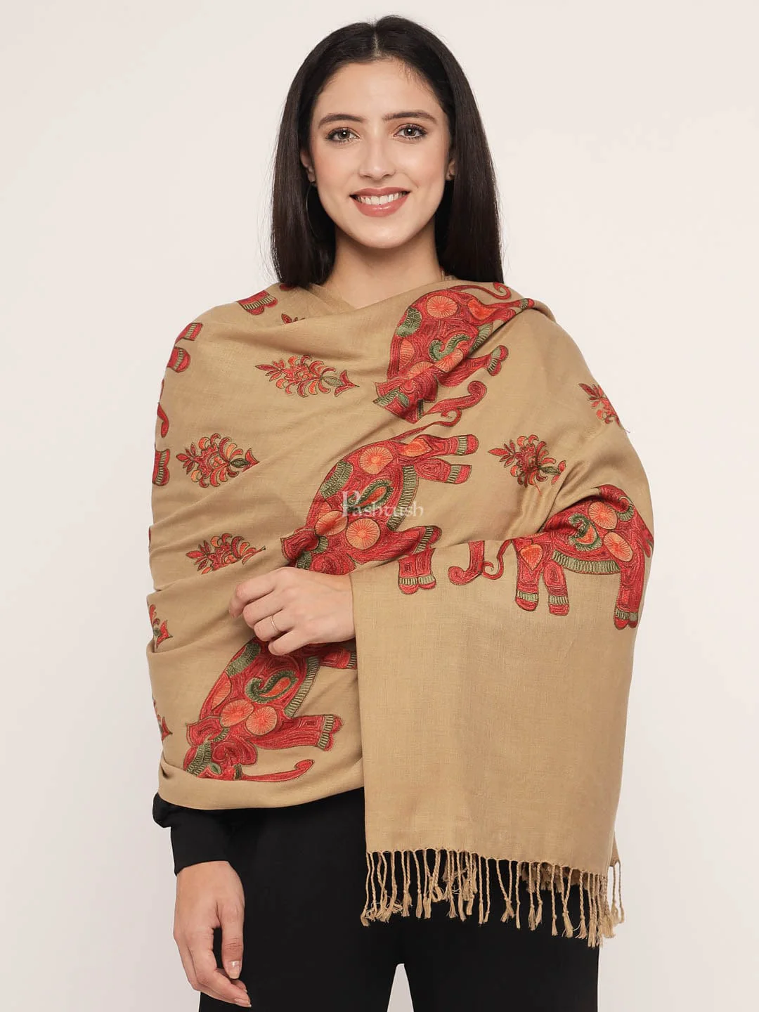 Pashtush womens Woollen stole, nalki embroidery design, Beige - Image 3