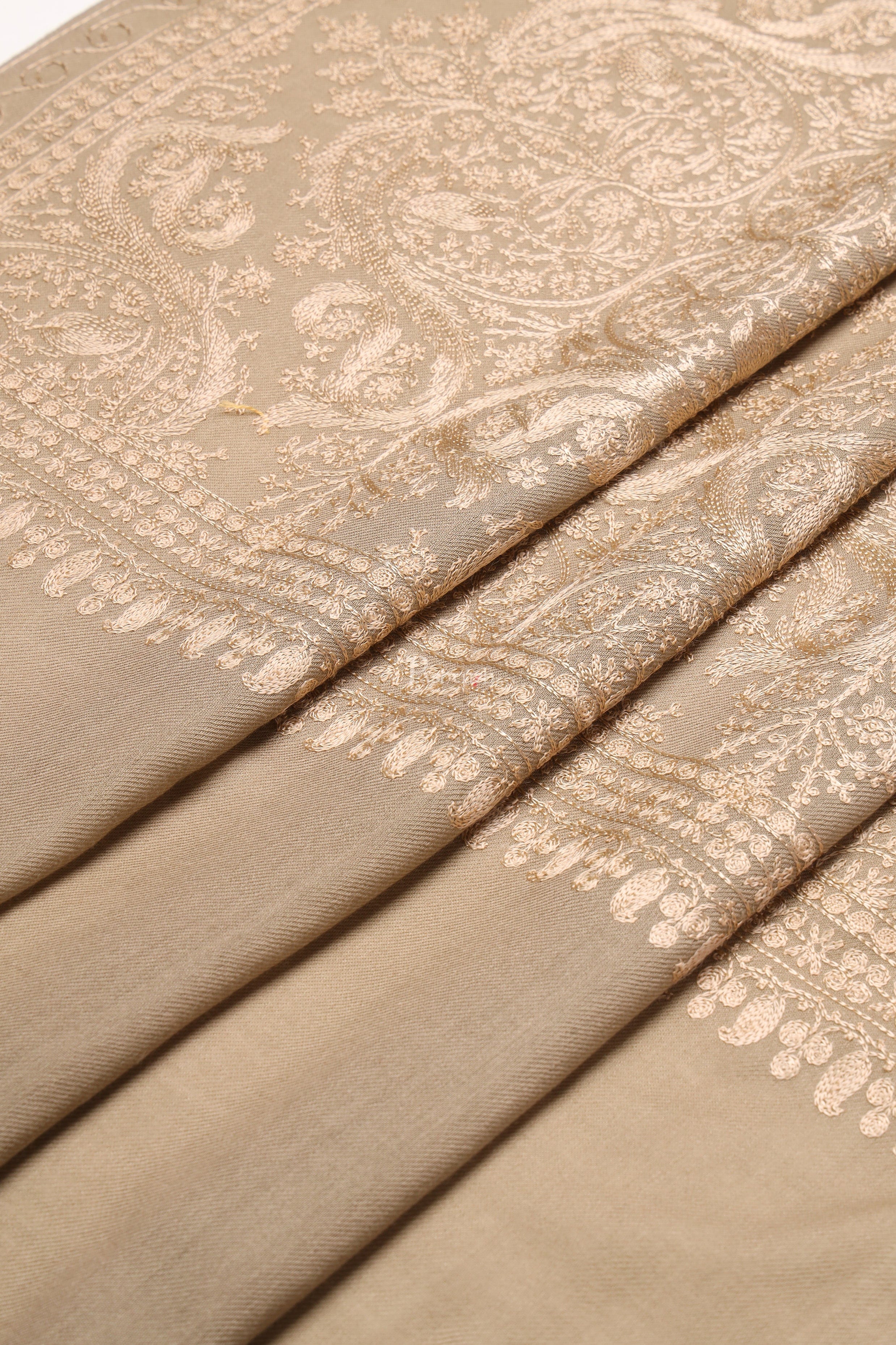 Pashtush Womens Woollen Stole, Nalki Embroidery Tone On Tone  Design, Taupe - Image 2