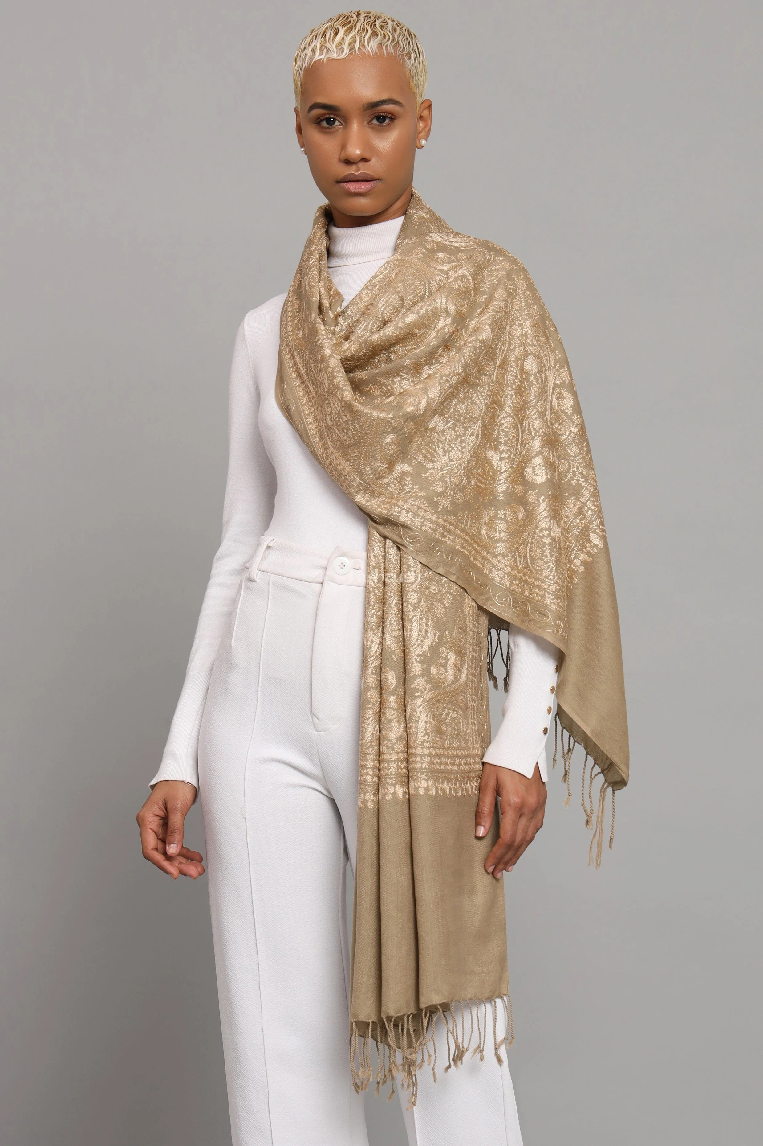 Pashtush Womens Woollen Stole, Nalki Embroidery Tone On Tone  Design, Taupe - Image 6